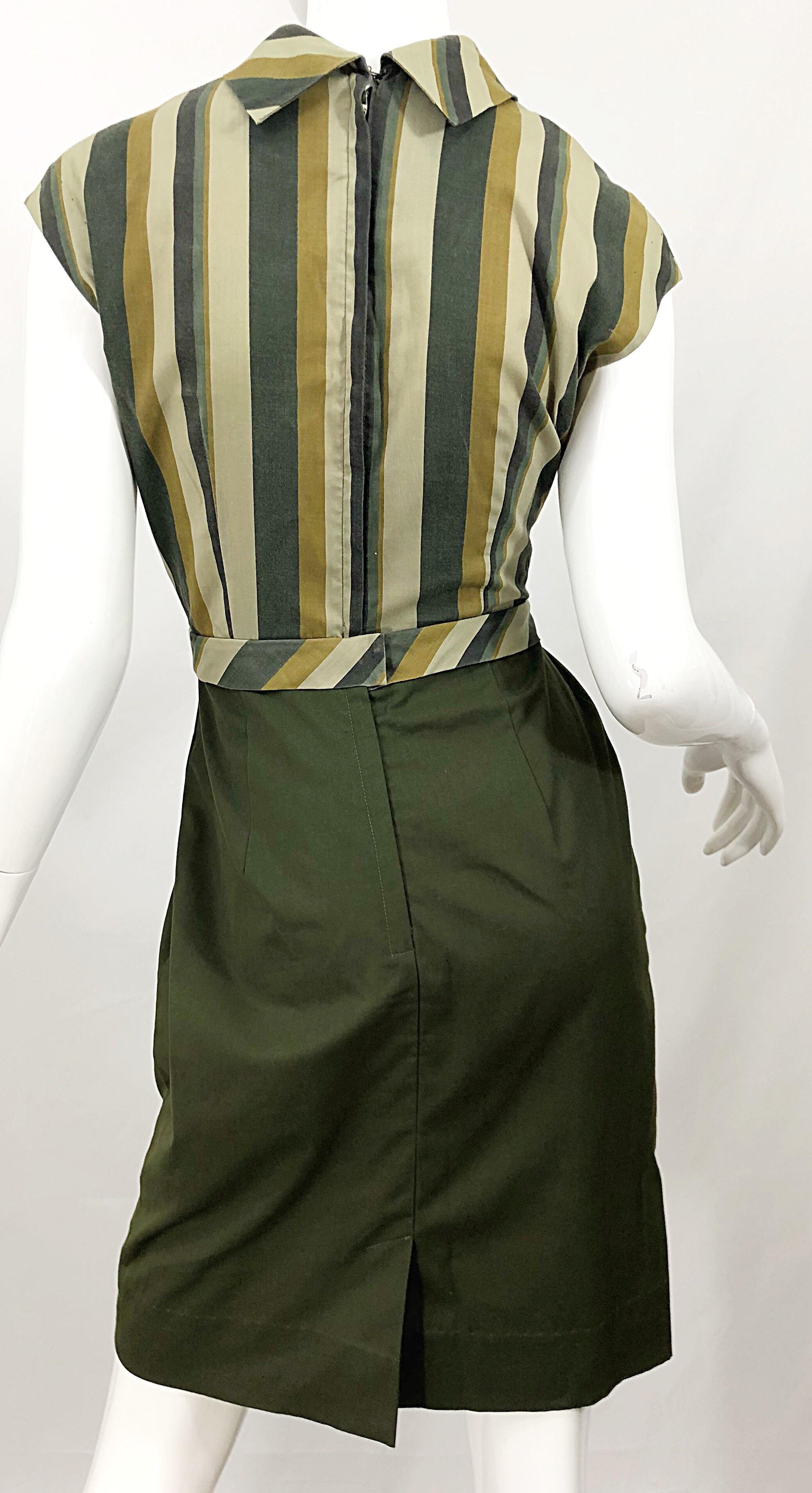 Chic Chartreuse Olivgrün gestreiftes Vintage 60er Jahre Kleid mit Kapuzenärmeln aus Baumwolle 1960er Jahre im Zustand „Hervorragend“ im Angebot in San Diego, CA