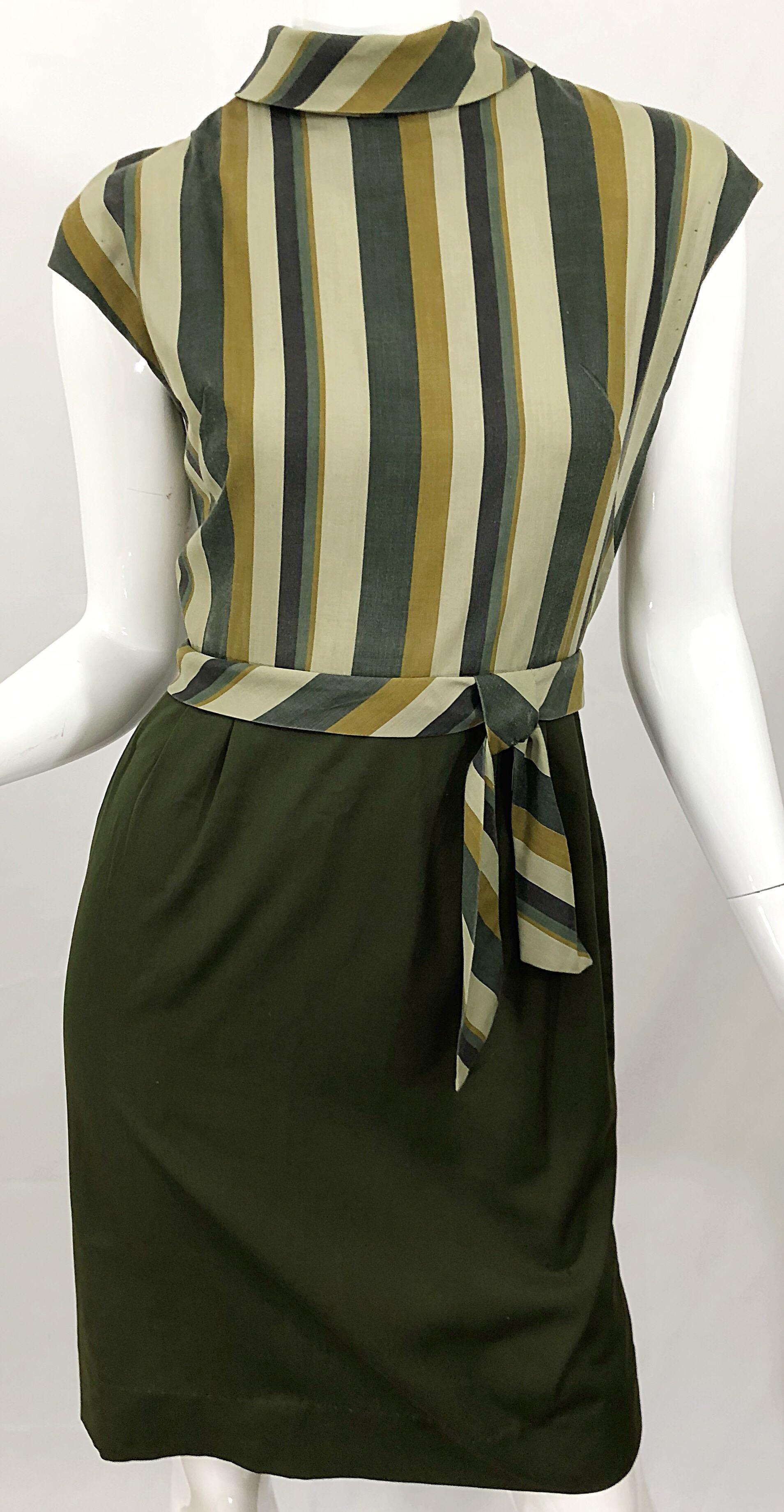 1960s Chic Chartreuse Olive Green Cotton Striped Cap Sleeve Vintage 60s Dress In Excellent Condition For Sale In San Diego, CA