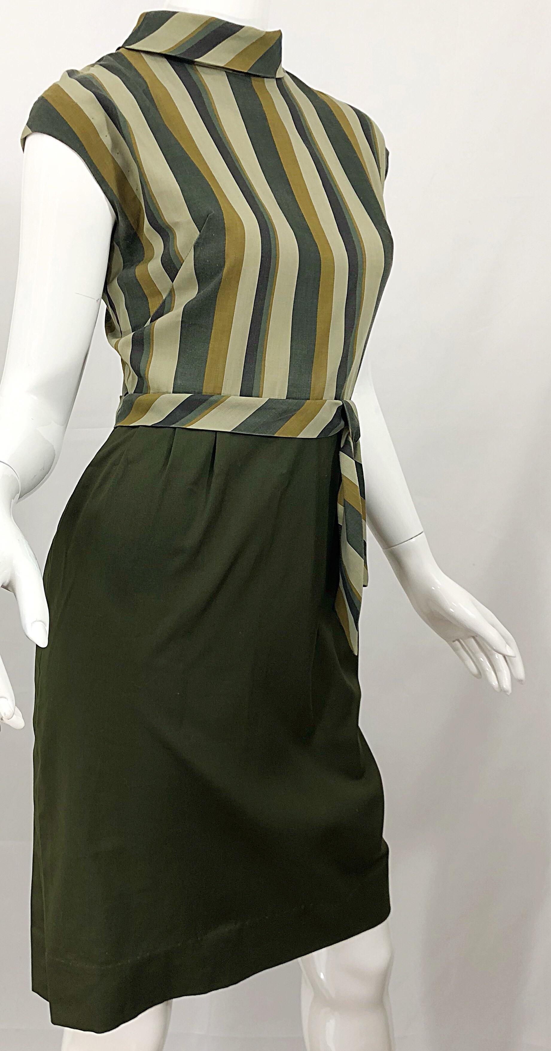 Women's 1960s Chic Chartreuse Olive Green Cotton Striped Cap Sleeve Vintage 60s Dress For Sale