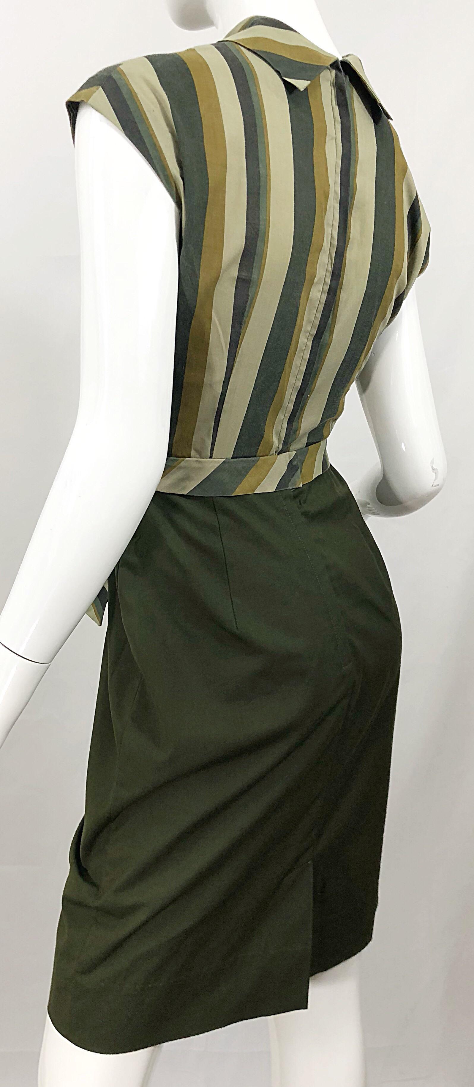 1960s Chic Chartreuse Olive Green Cotton Striped Cap Sleeve Vintage 60s Dress For Sale 1