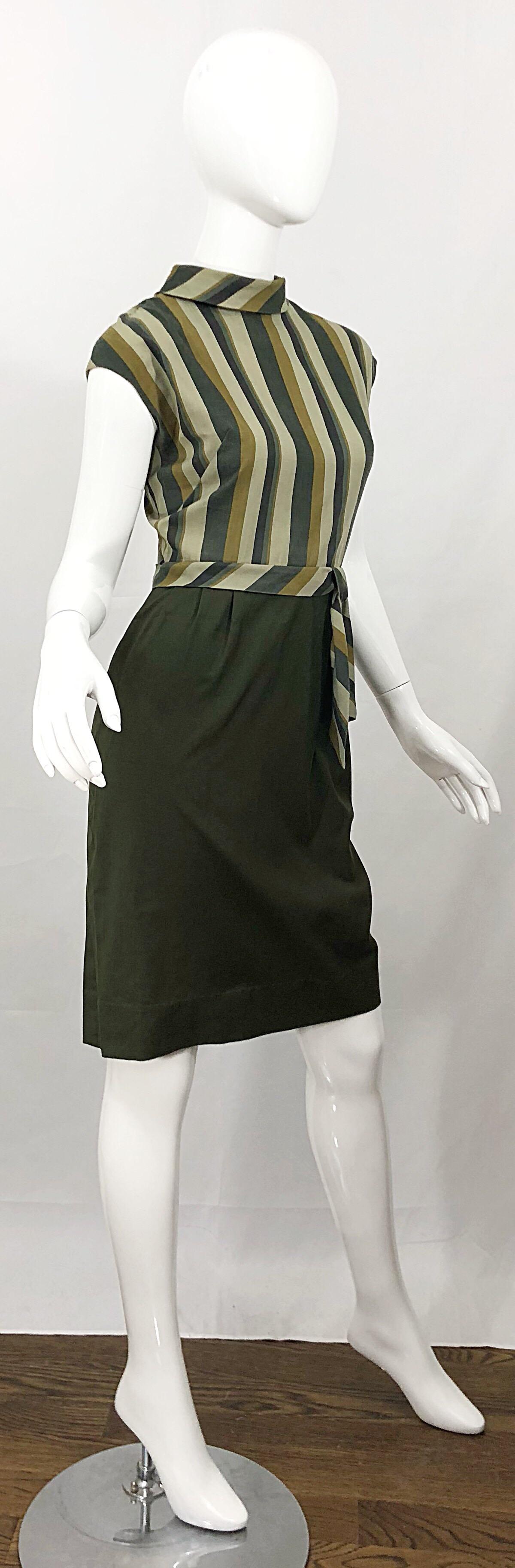 1960s Chic Chartreuse Olive Green Cotton Striped Cap Sleeve Vintage 60s Dress For Sale 2