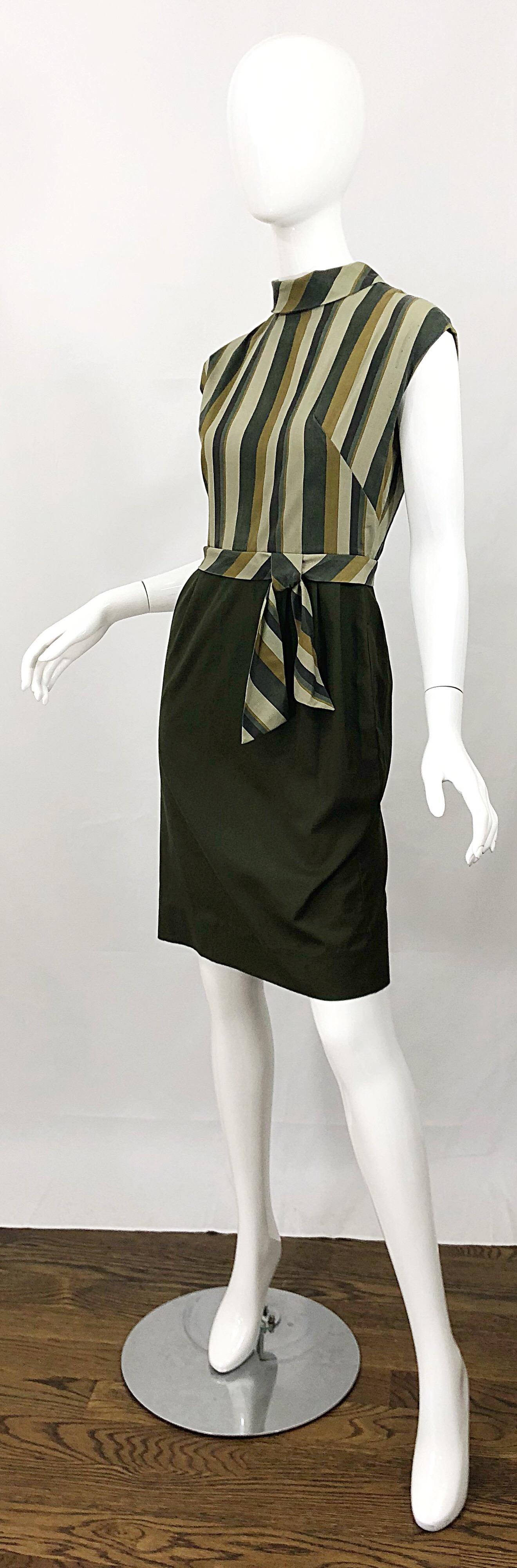 1960s Chic Chartreuse Olive Green Cotton Striped Cap Sleeve Vintage 60s Dress For Sale 3