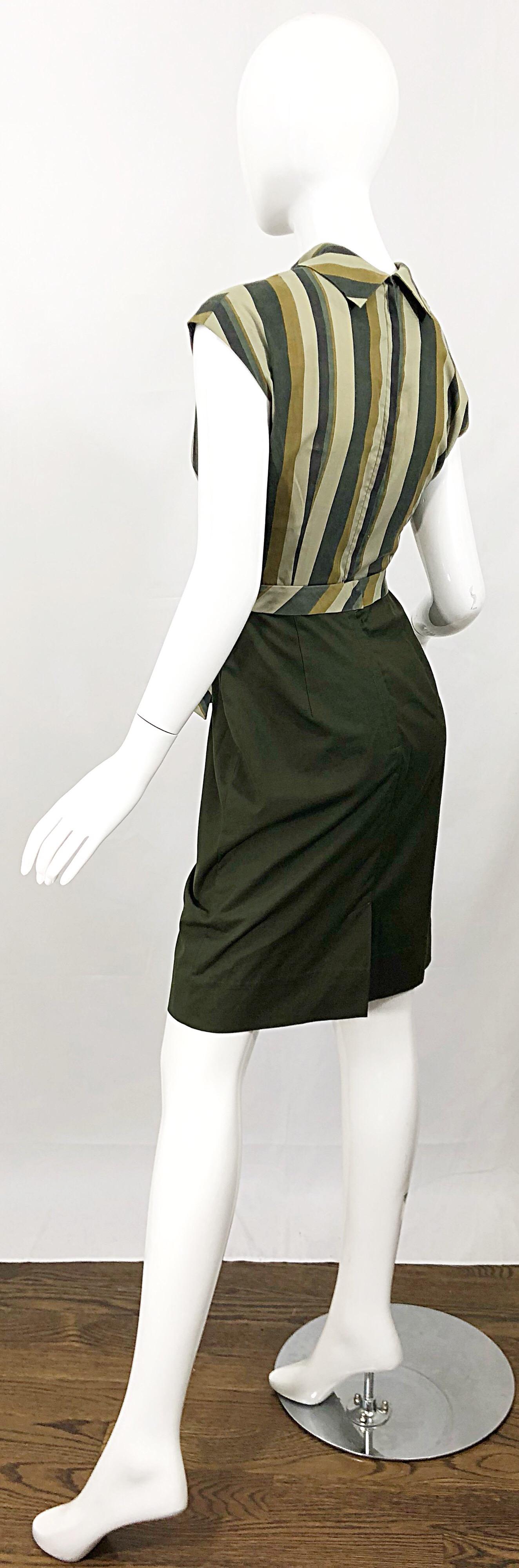 1960s Chic Chartreuse Olive Green Cotton Striped Cap Sleeve Vintage 60s Dress For Sale 4