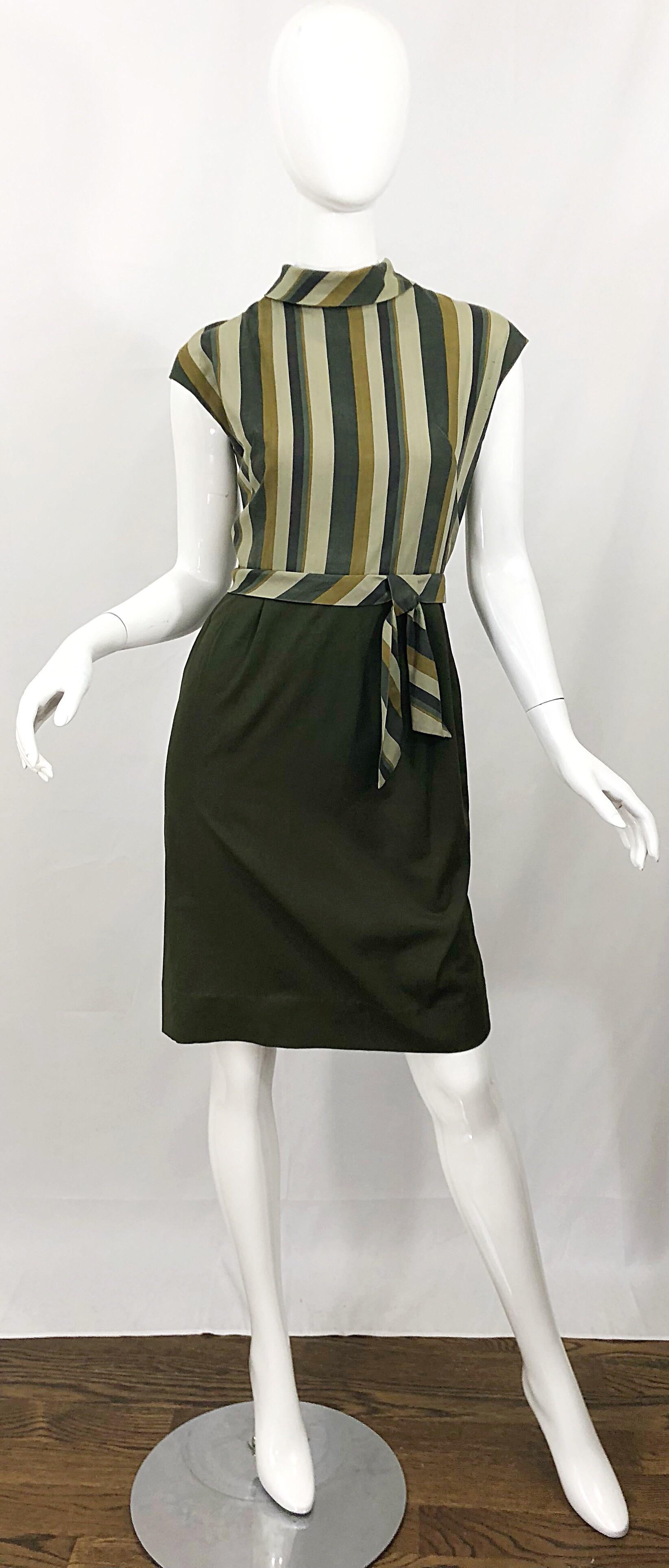 1960s Chic Chartreuse Olive Green Cotton Striped Cap Sleeve Vintage 60s Dress For Sale 5