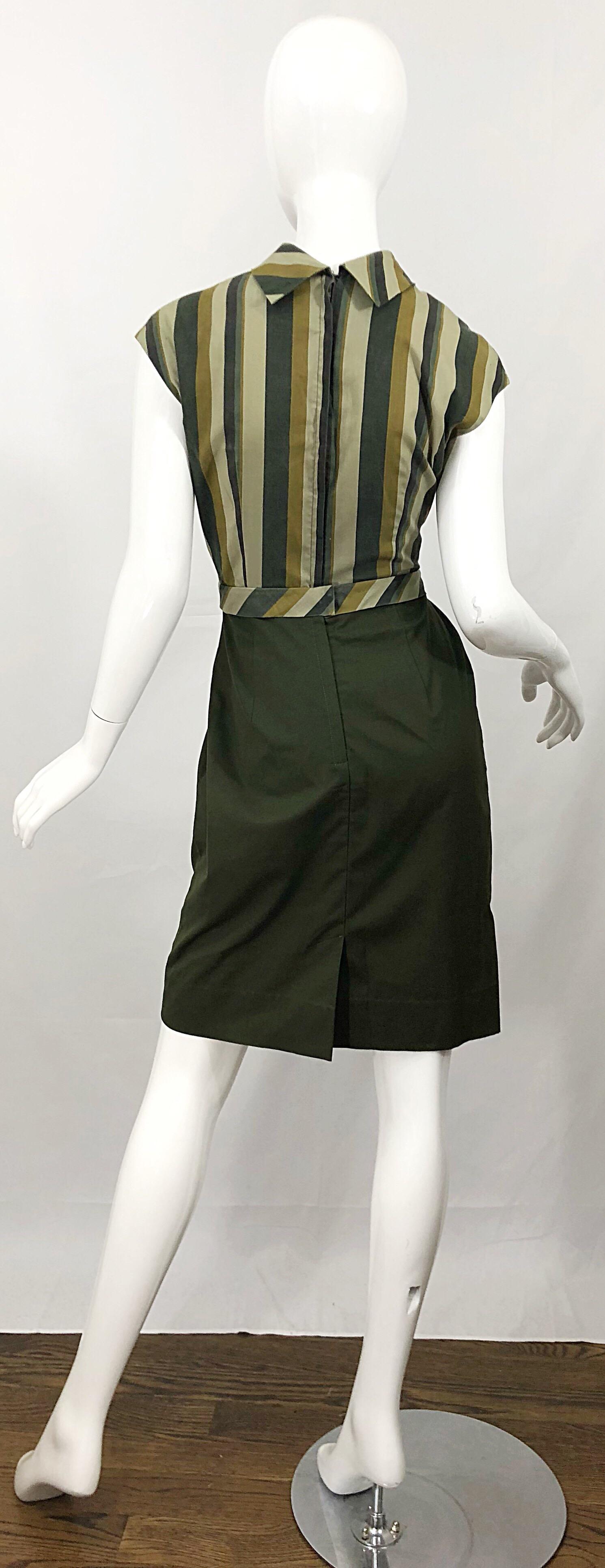 1960s Chic Chartreuse Olive Green Cotton Striped Cap Sleeve Vintage 60s Dress For Sale 6