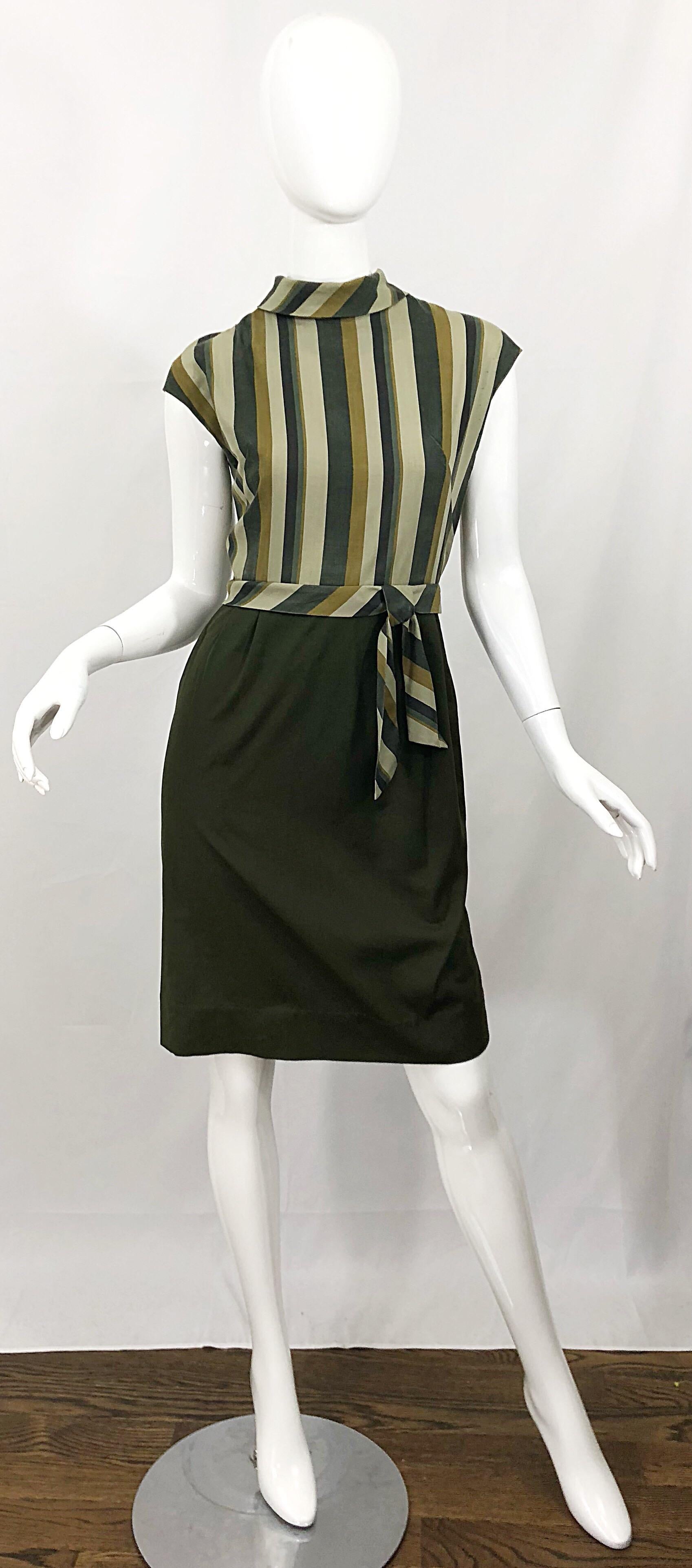 1960s Chic Chartreuse Olive Green Cotton Striped Cap Sleeve Vintage 60s Dress For Sale 7