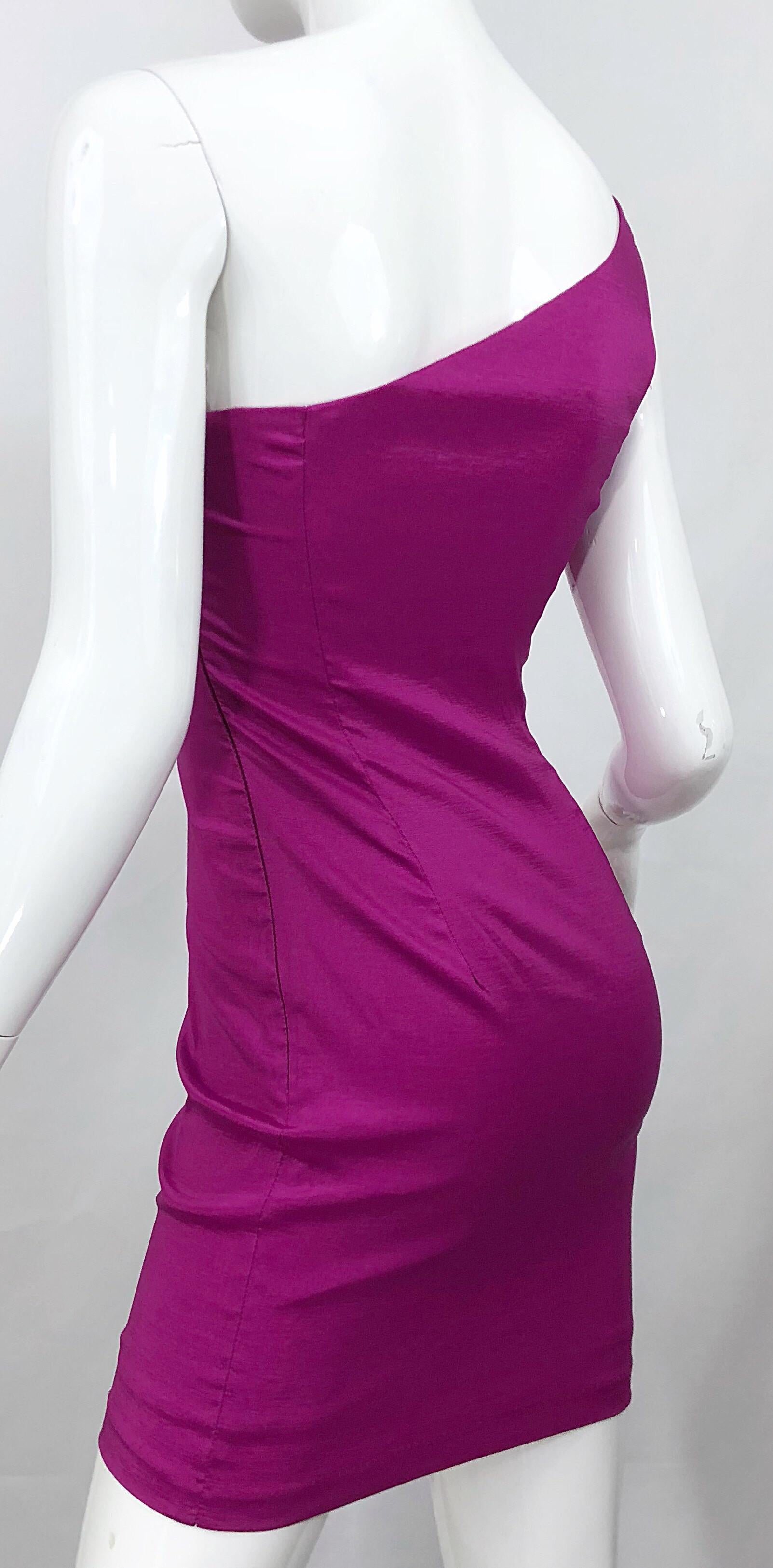 1990s One Shoulder Sexy Size 2 / 4 Fuchsia Hot Pink Origami Vintage Mini Dress 2