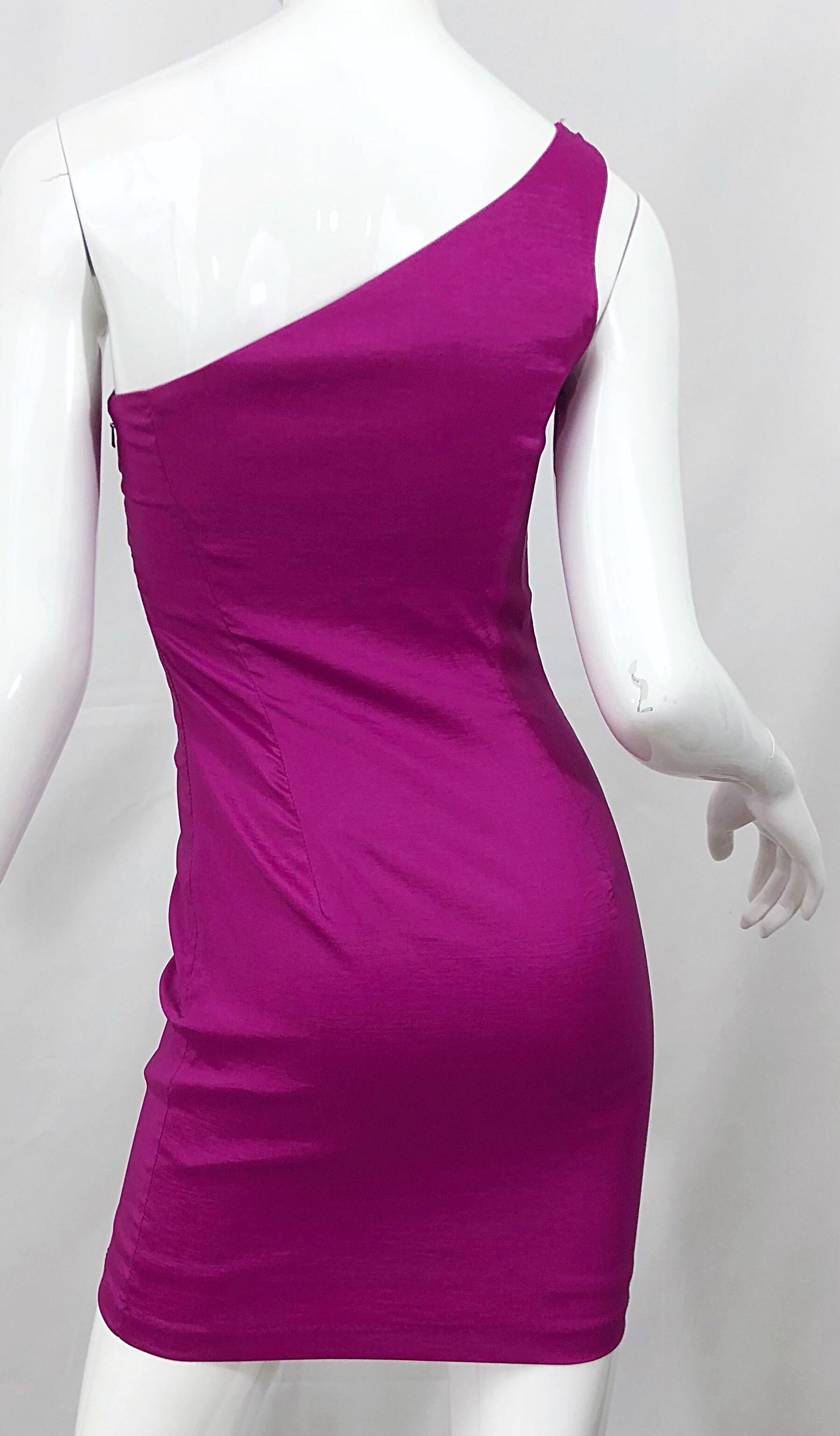 1990s One Shoulder Sexy Size 2 / 4 Fuchsia Hot Pink Origami Vintage Mini Dress 3