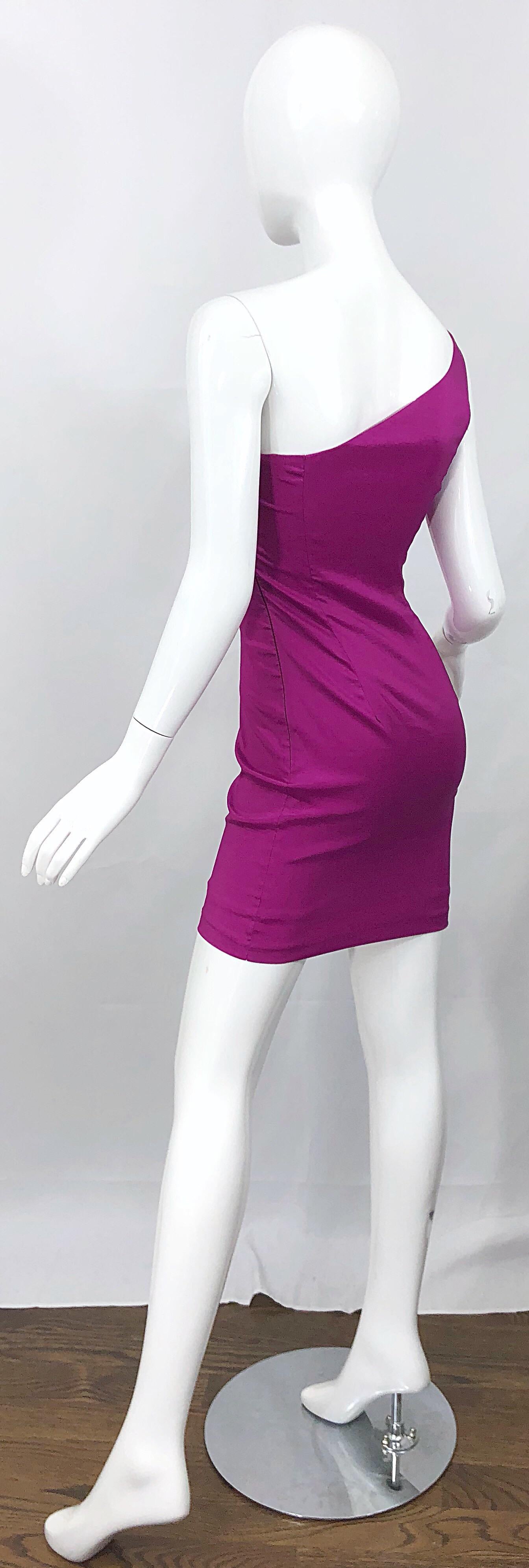 1990s One Shoulder Sexy Size 2 / 4 Fuchsia Hot Pink Origami Vintage Mini Dress 7