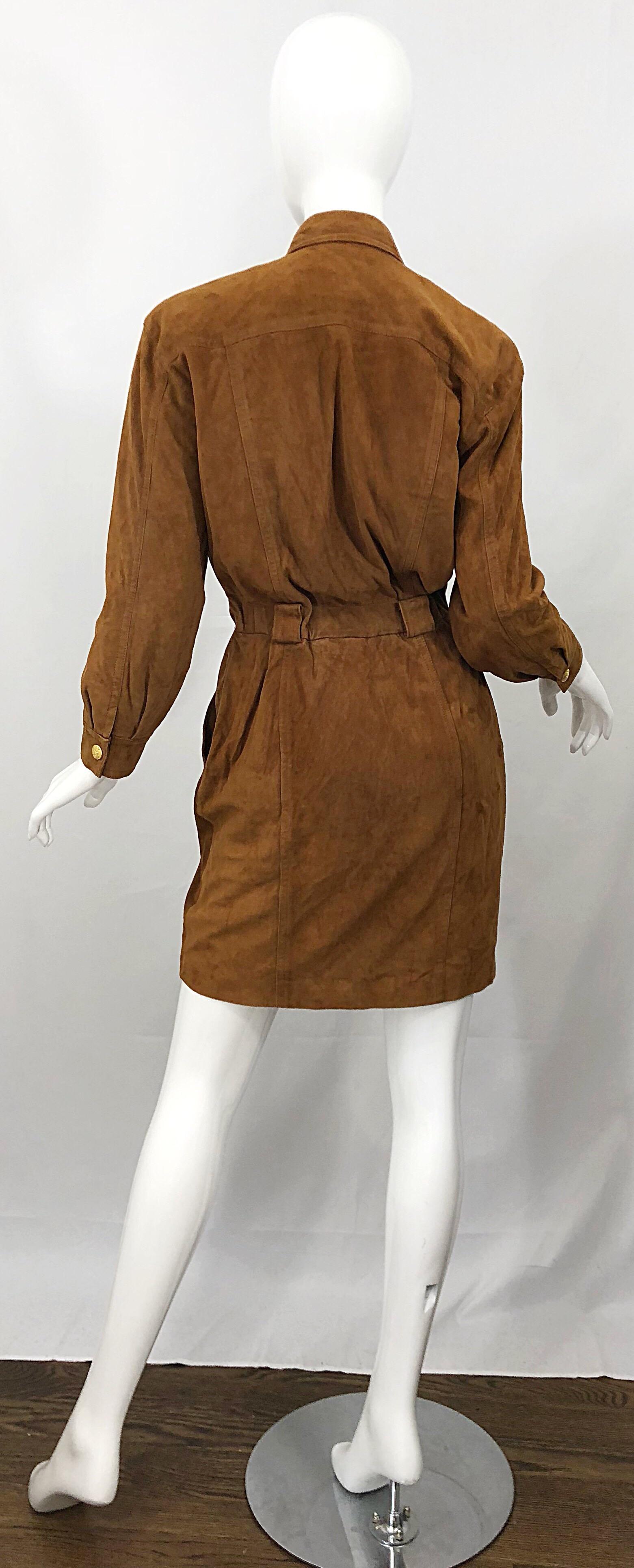 Vintage Escada by Margaretha Ley 1990s Saddle Brown Suede Leather Jacket Dress In Excellent Condition For Sale In San Diego, CA