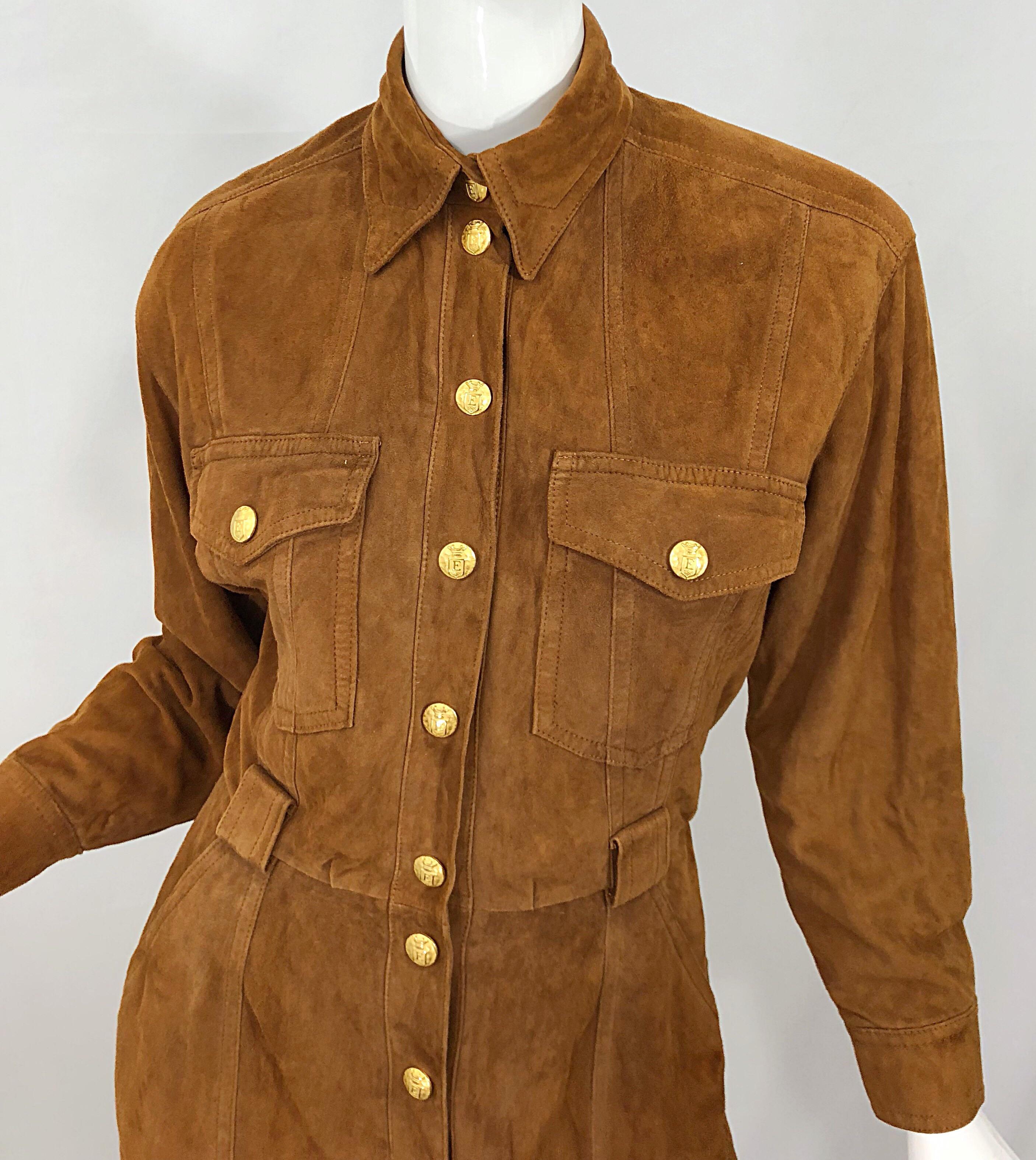 Women's Vintage Escada by Margaretha Ley 1990s Saddle Brown Suede Leather Jacket Dress For Sale