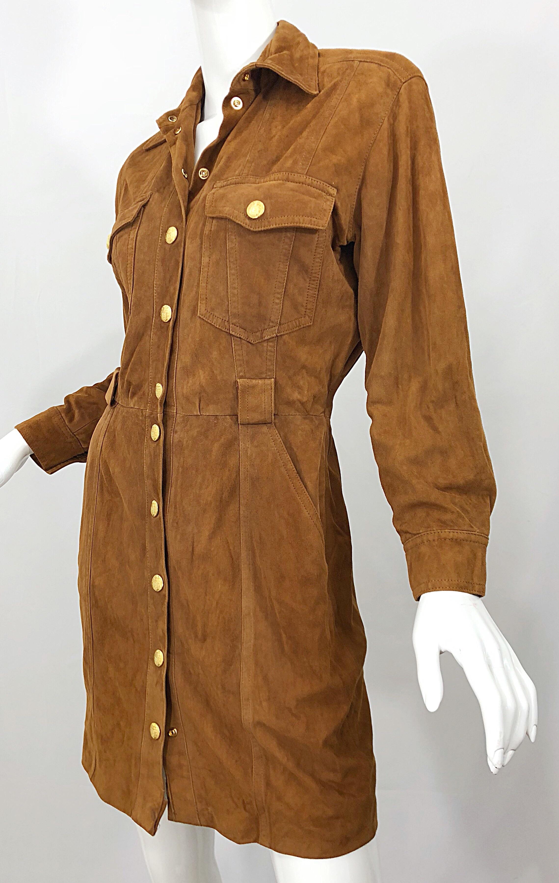 Vintage Escada by Margaretha Ley 1990s Saddle Brown Suede Leather Jacket Dress For Sale 1