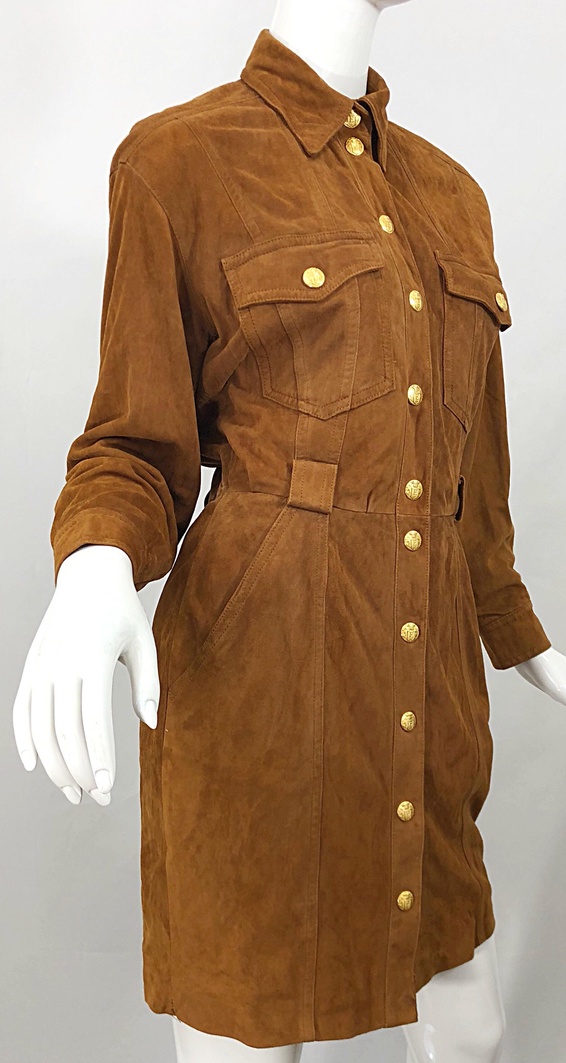 Vintage Escada by Margaretha Ley 1990s Saddle Brown Suede Leather Jacket Dress For Sale 2