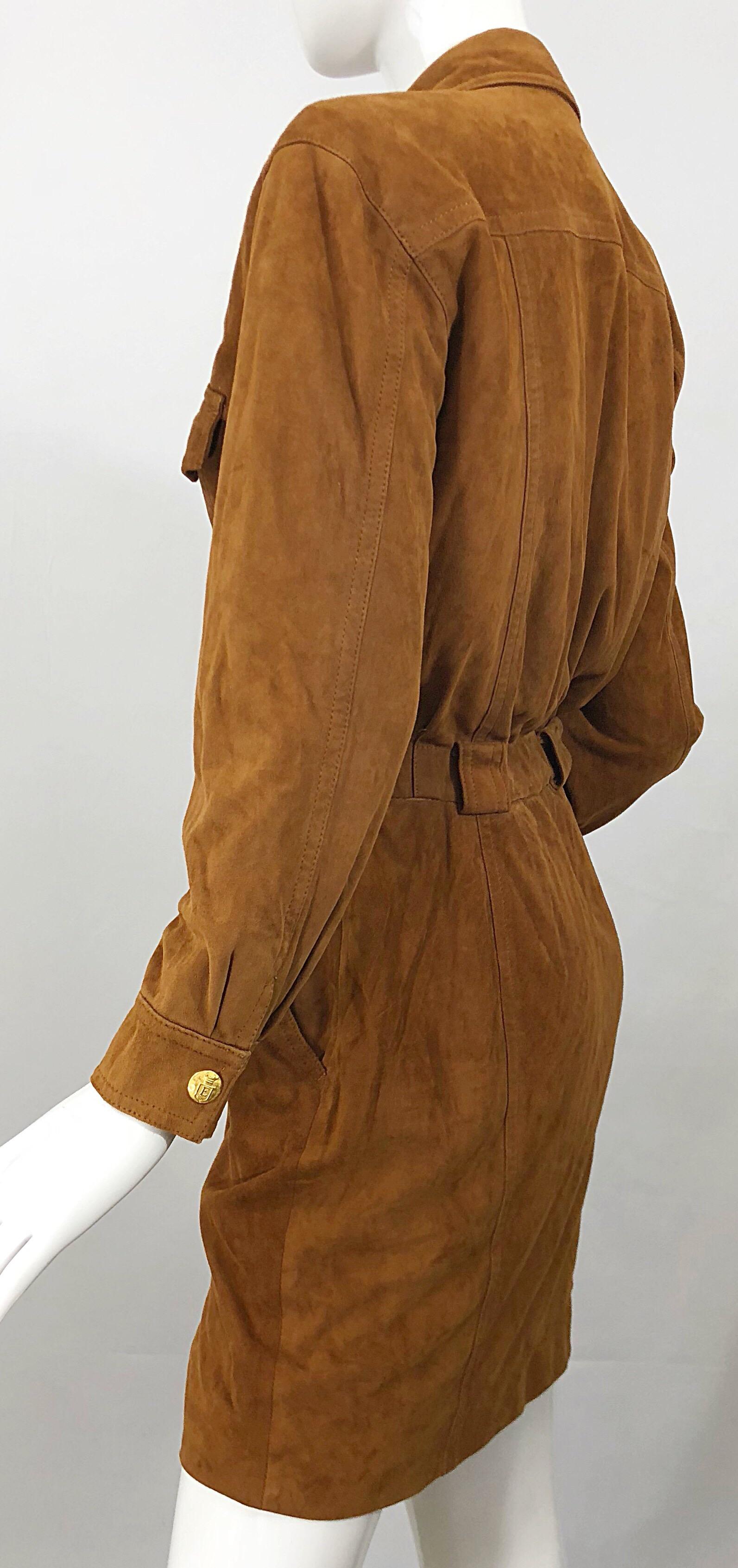 Vintage Escada by Margaretha Ley 1990s Saddle Brown Suede Leather Jacket Dress For Sale 3