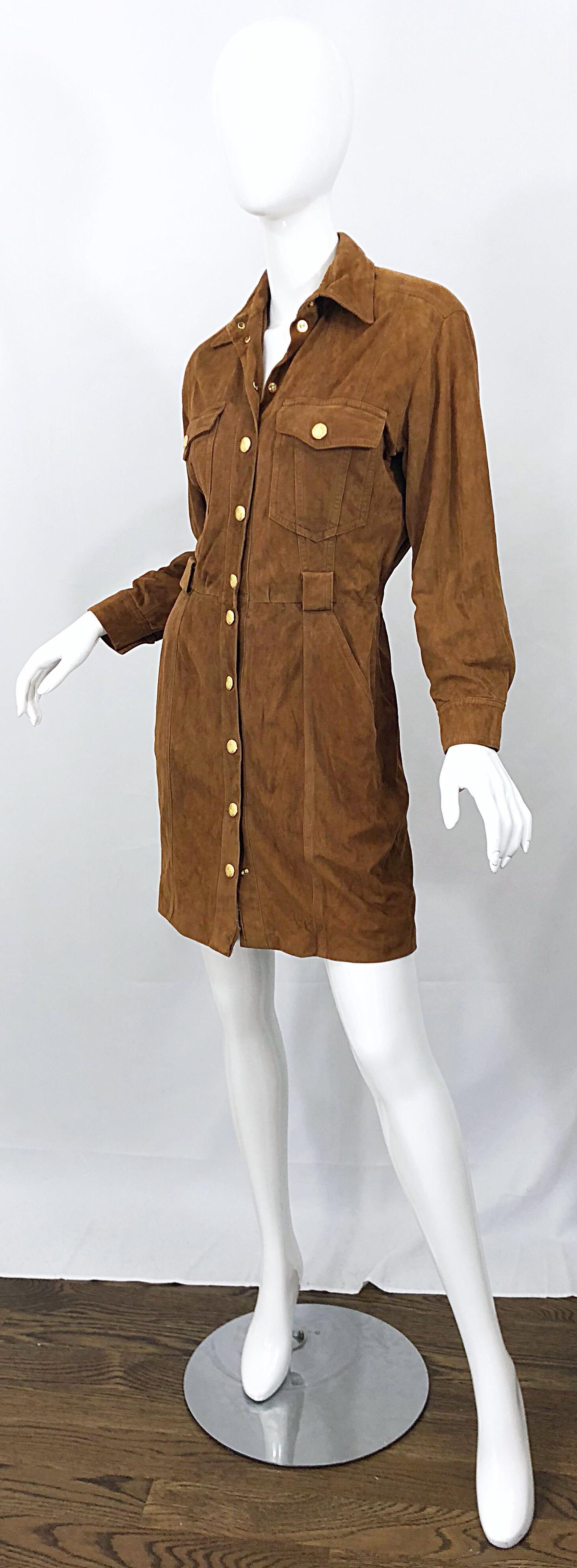 Vintage Escada by Margaretha Ley 1990s Saddle Brown Suede Leather Jacket Dress For Sale 4