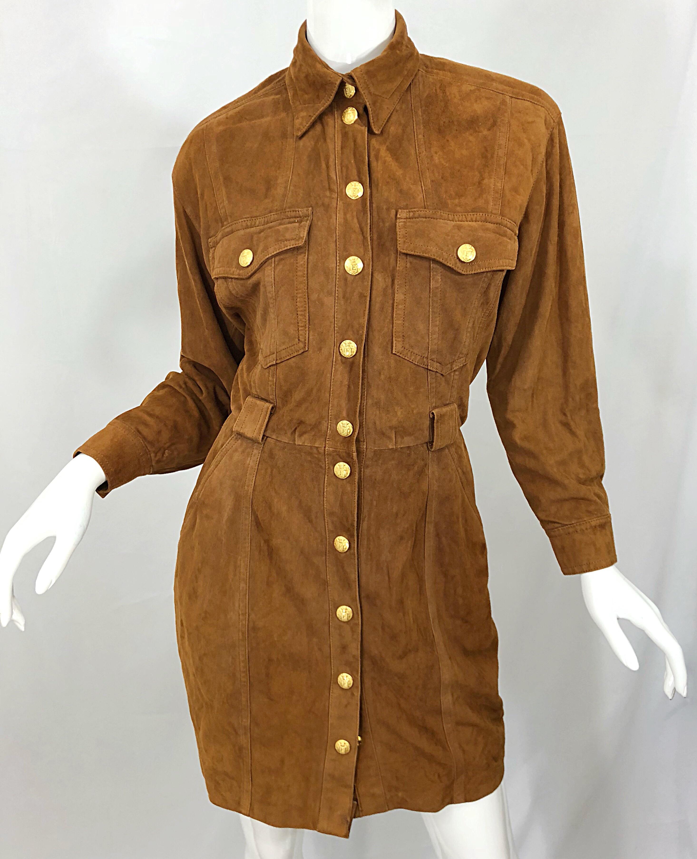 Vintage Escada by Margaretha Ley 1990s Saddle Brown Suede Leather Jacket Dress For Sale 5