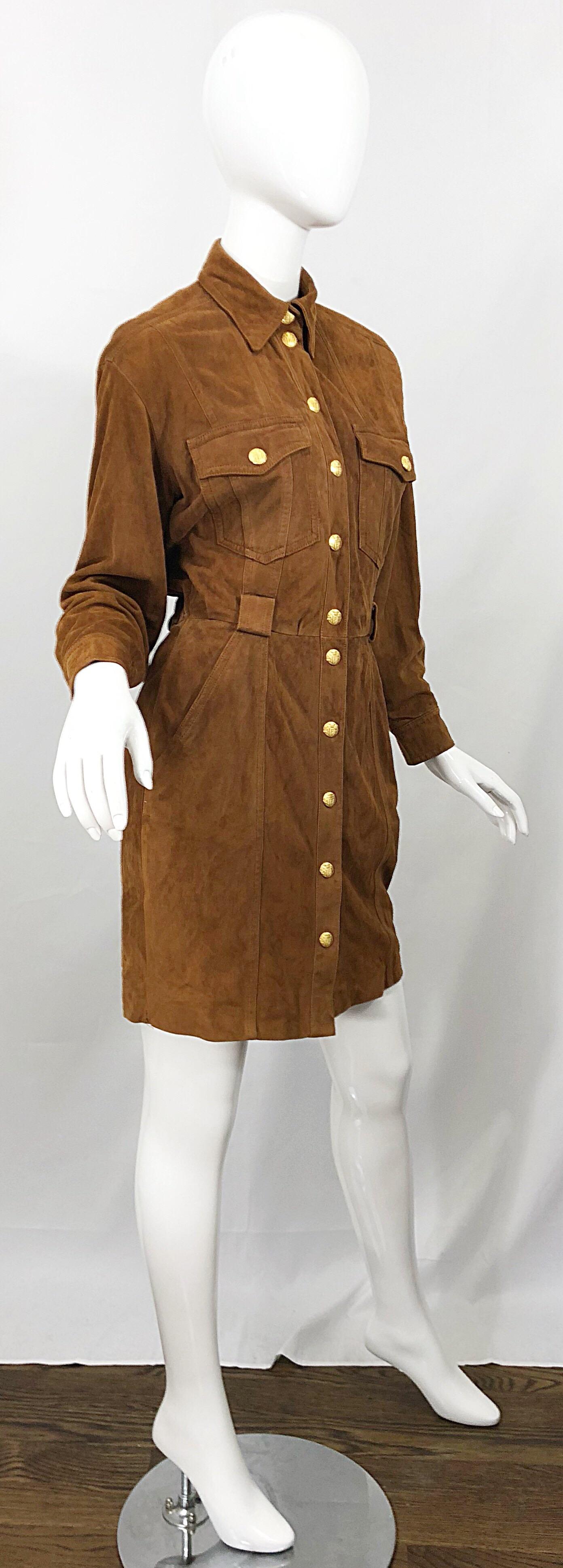Vintage Escada by Margaretha Ley 1990s Saddle Brown Suede Leather Jacket Dress For Sale 6