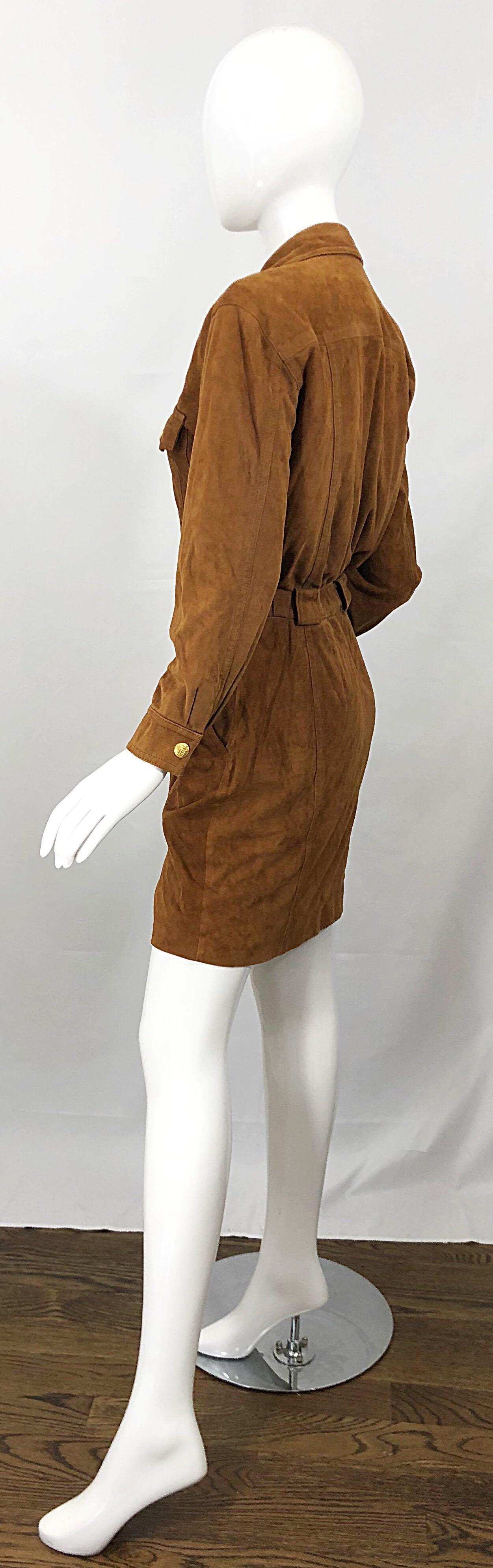 Vintage Escada by Margaretha Ley 1990s Saddle Brown Suede Leather Jacket Dress For Sale 7