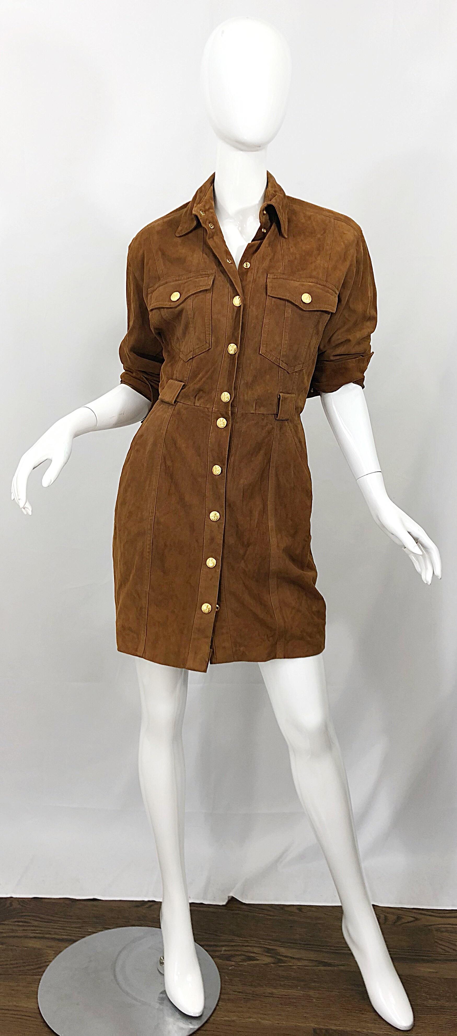Vintage Escada by Margaretha Ley 1990s Saddle Brown Suede Leather Jacket Dress For Sale 8