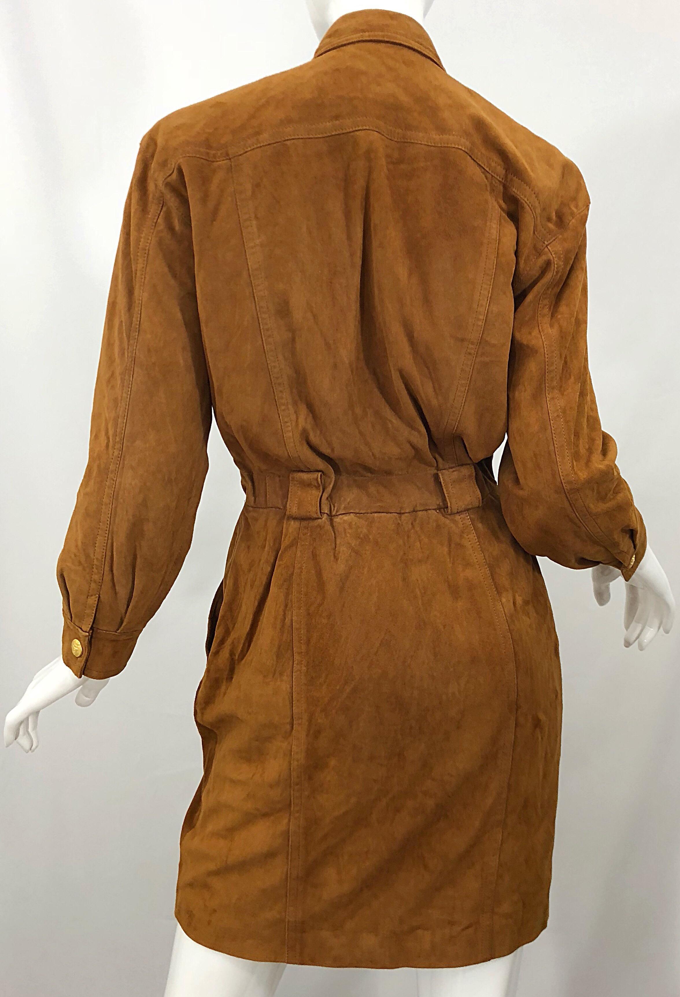 Vintage Escada by Margaretha Ley 1990s Saddle Brown Suede Leather Jacket Dress For Sale 9