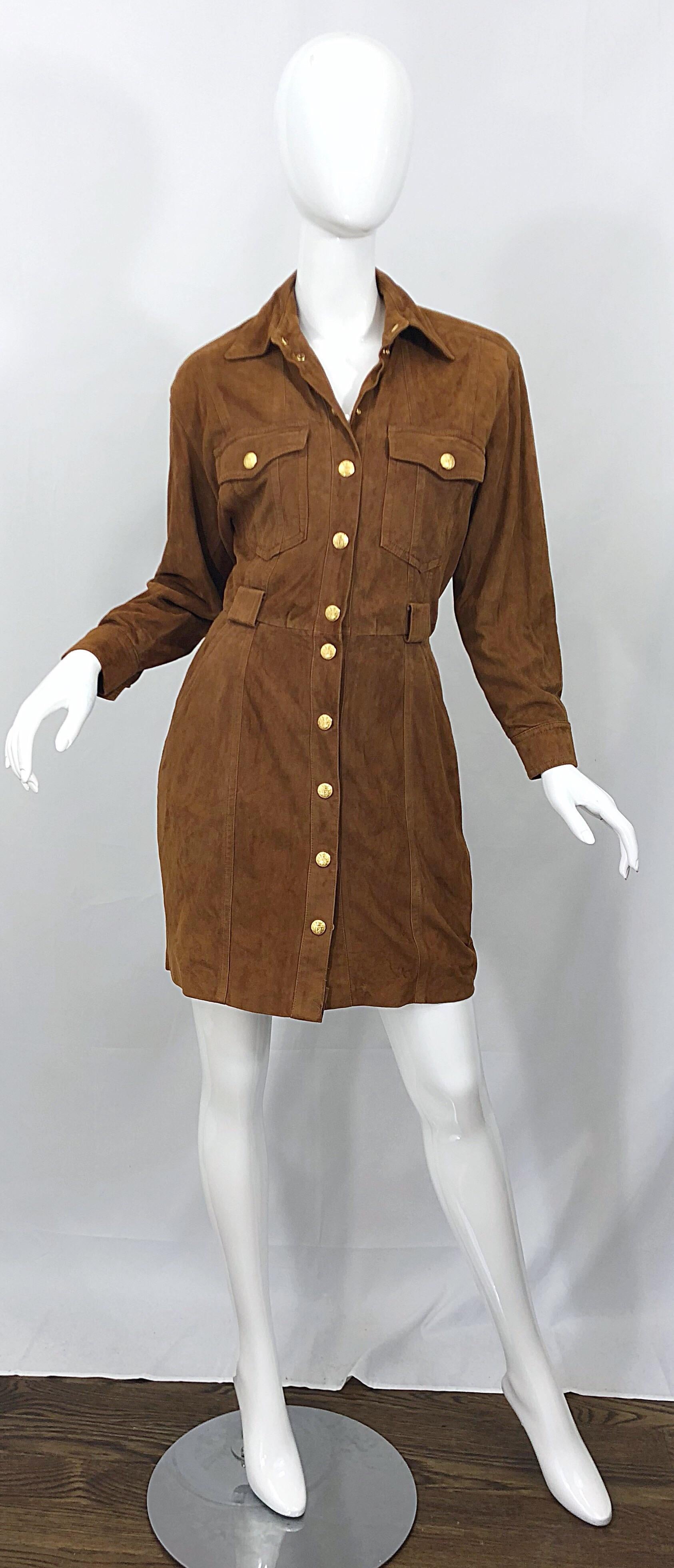 Vintage Escada by Margaretha Ley 1990s Saddle Brown Suede Leather Jacket Dress For Sale 10