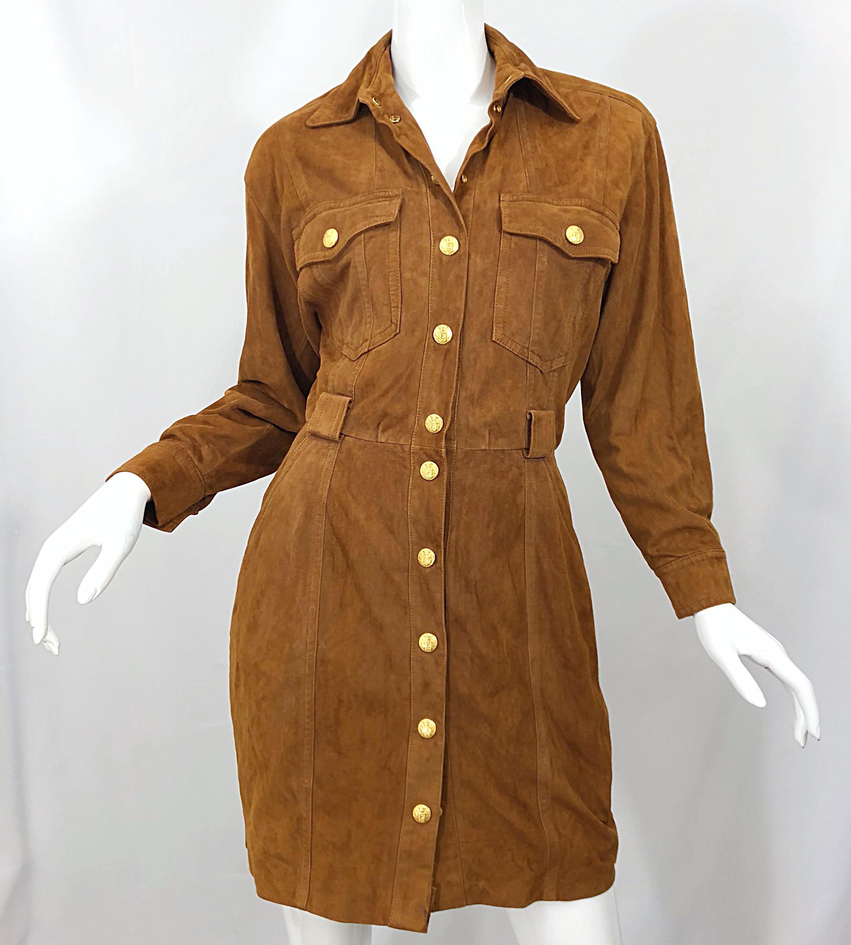 Vintage Escada by Margaretha Ley 1990s Saddle Brown Suede Leather Jacket Dress For Sale 11