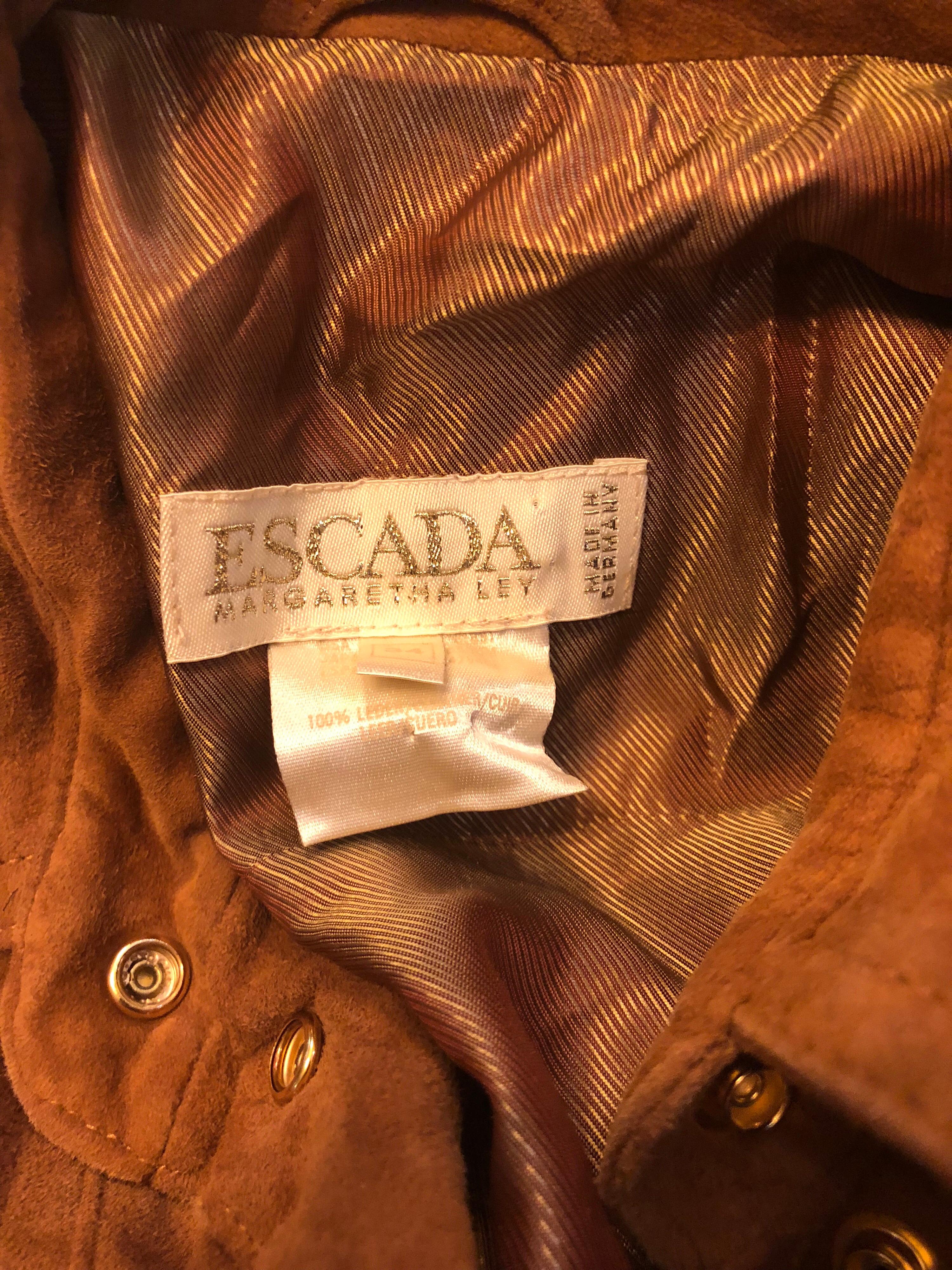 Vintage Escada by Margaretha Ley 1990s Saddle Brown Suede Leather Jacket Dress For Sale 12