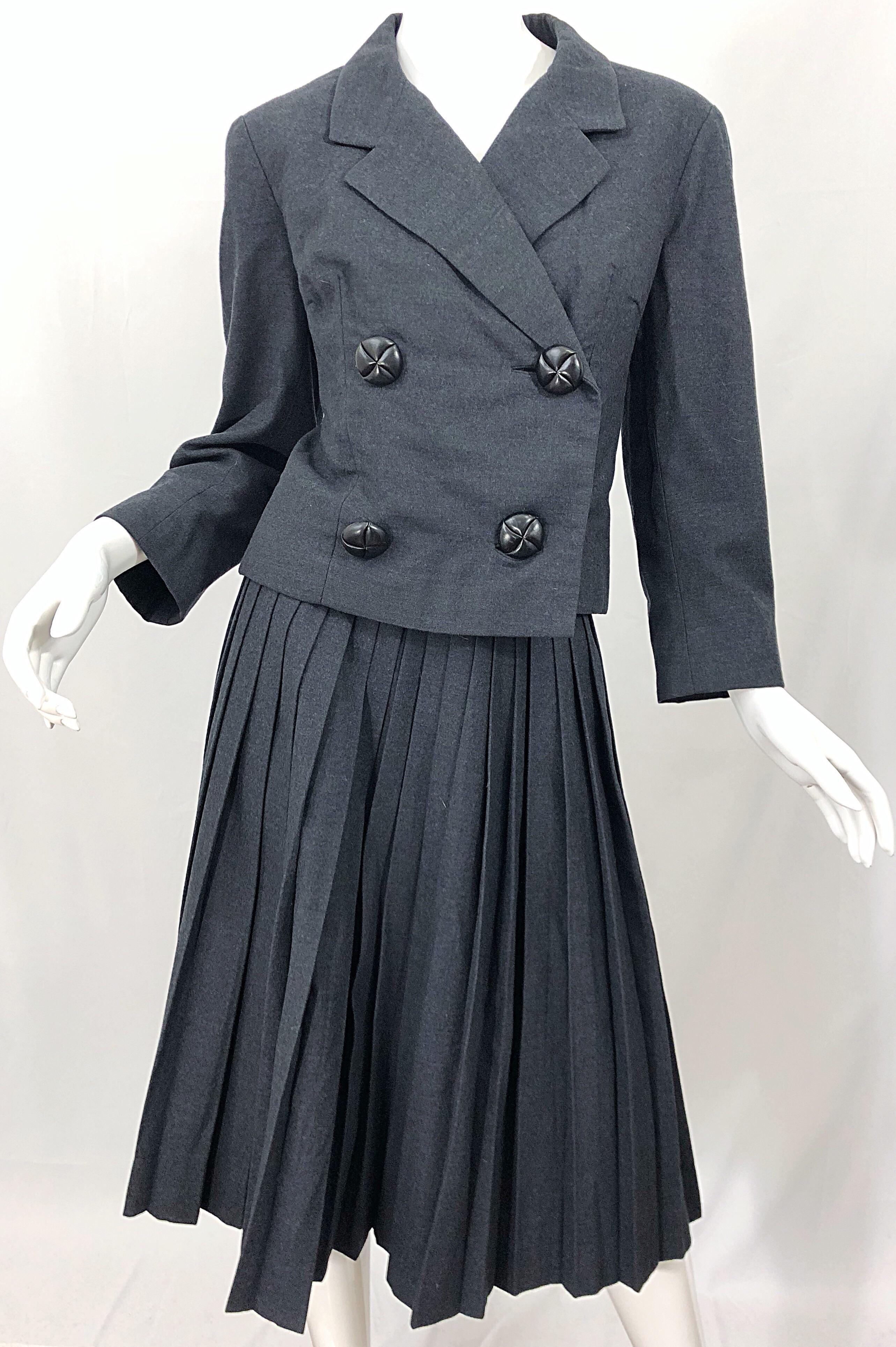 Women's 1960s Christian Dior Demi Couture Charcoal Grey Classic Vintage 60s Skirt Suit