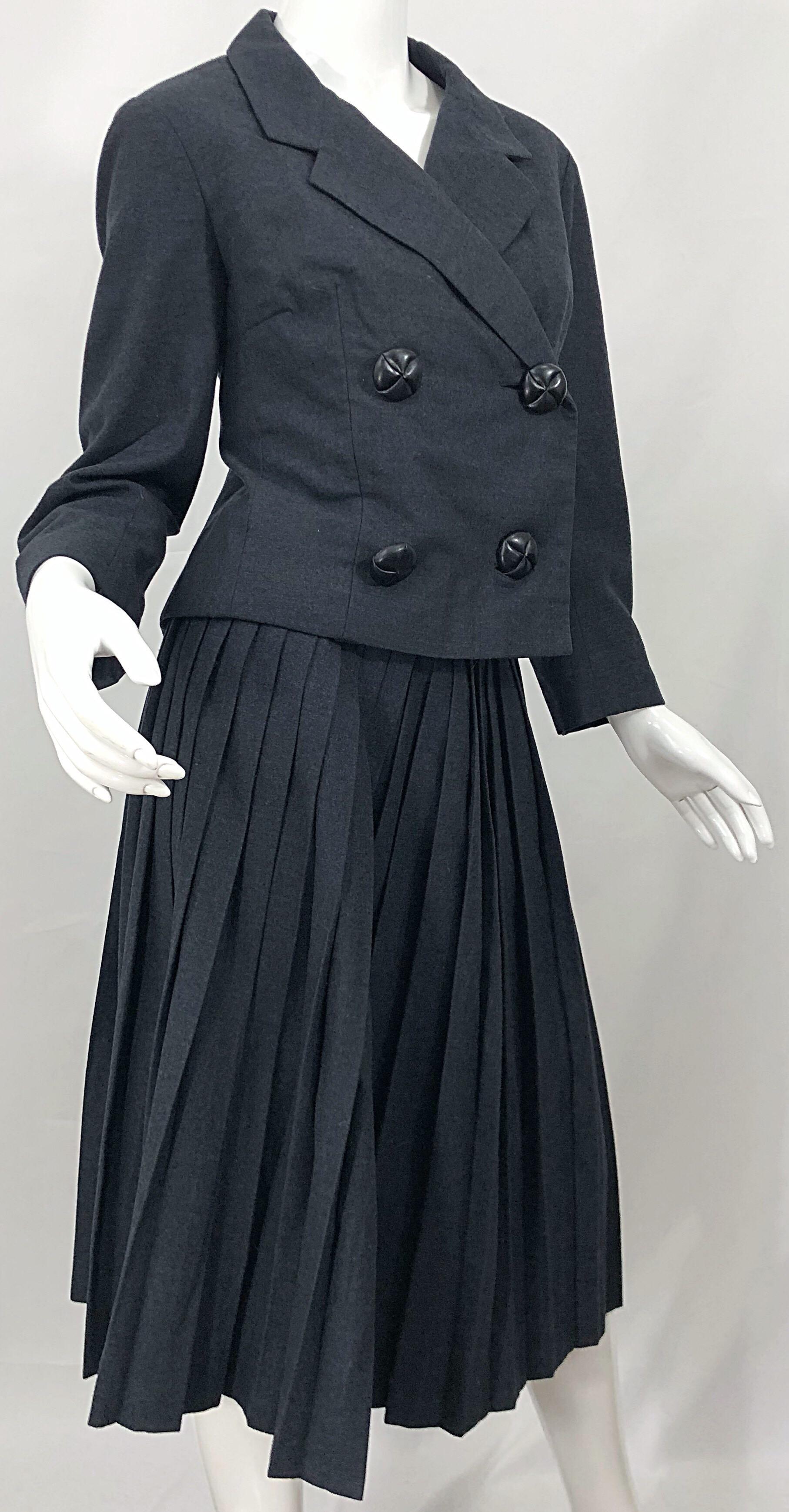1960s Christian Dior Demi Couture Charcoal Grey Classic Vintage 60s Skirt Suit 1