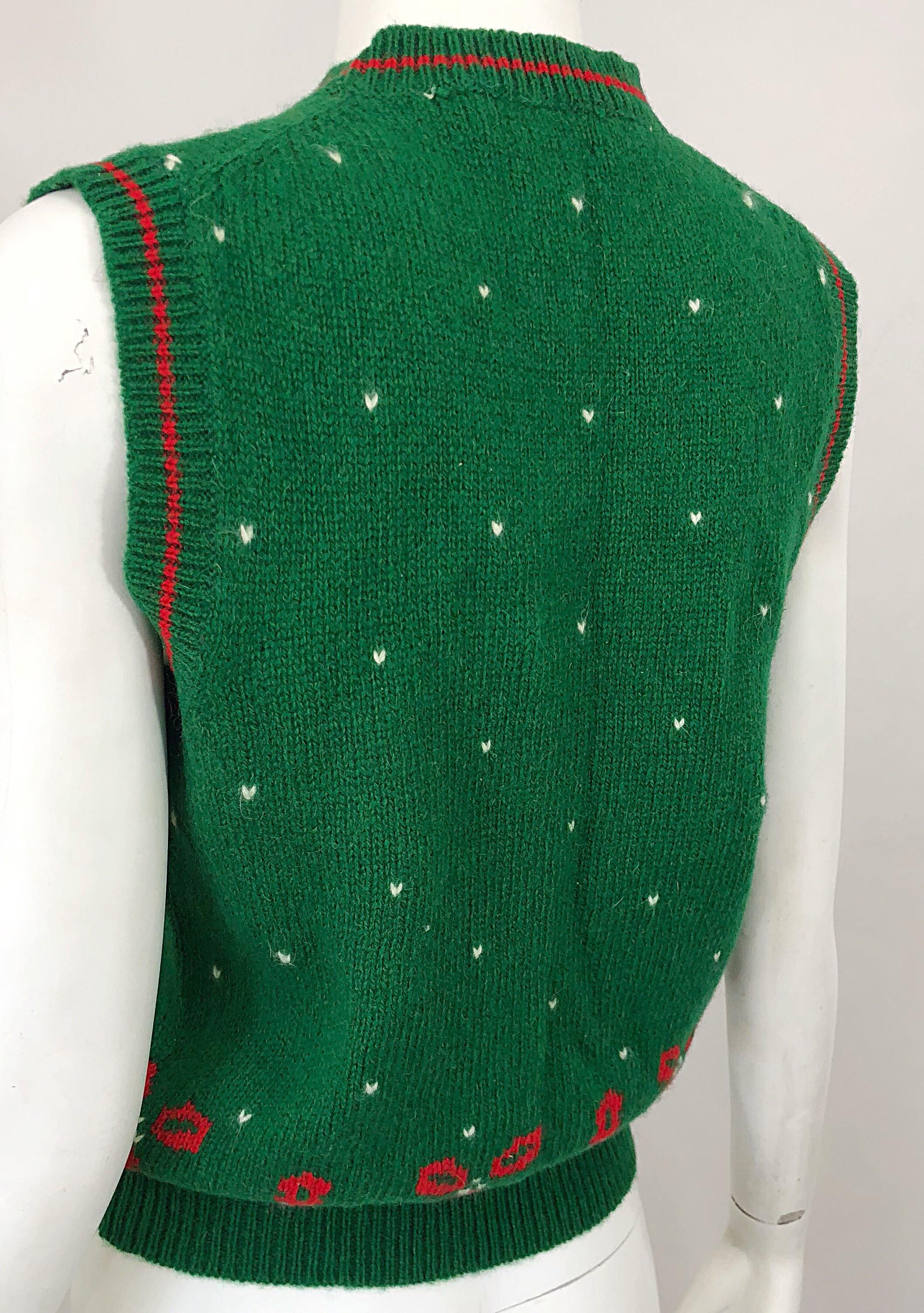 1970s Green and Red Intarsia Wool Swan Novelty 70s Christmas Sweater Vest 1