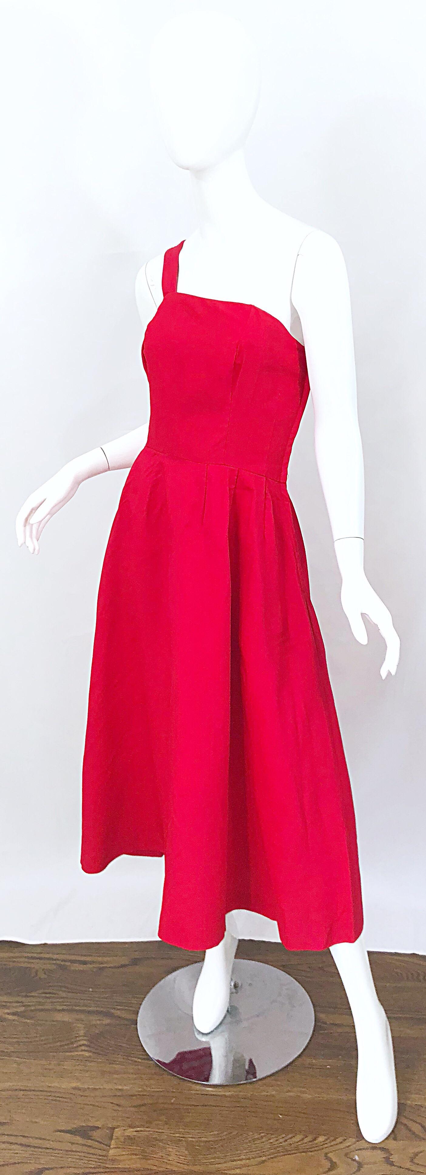 1950s Bess Myerson Lipstick Red + White One Shoulder Vintage 50s Silk Dress In Excellent Condition For Sale In San Diego, CA