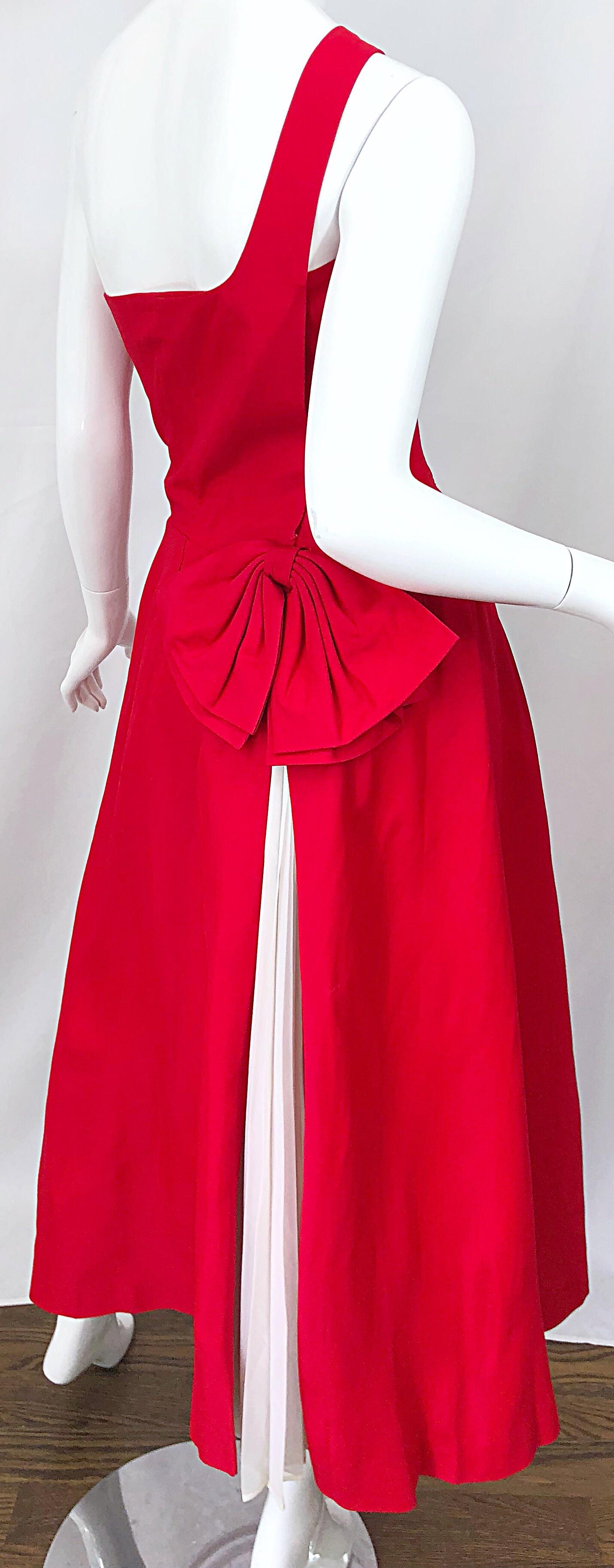 Women's 1950s Bess Myerson Lipstick Red + White One Shoulder Vintage 50s Silk Dress For Sale