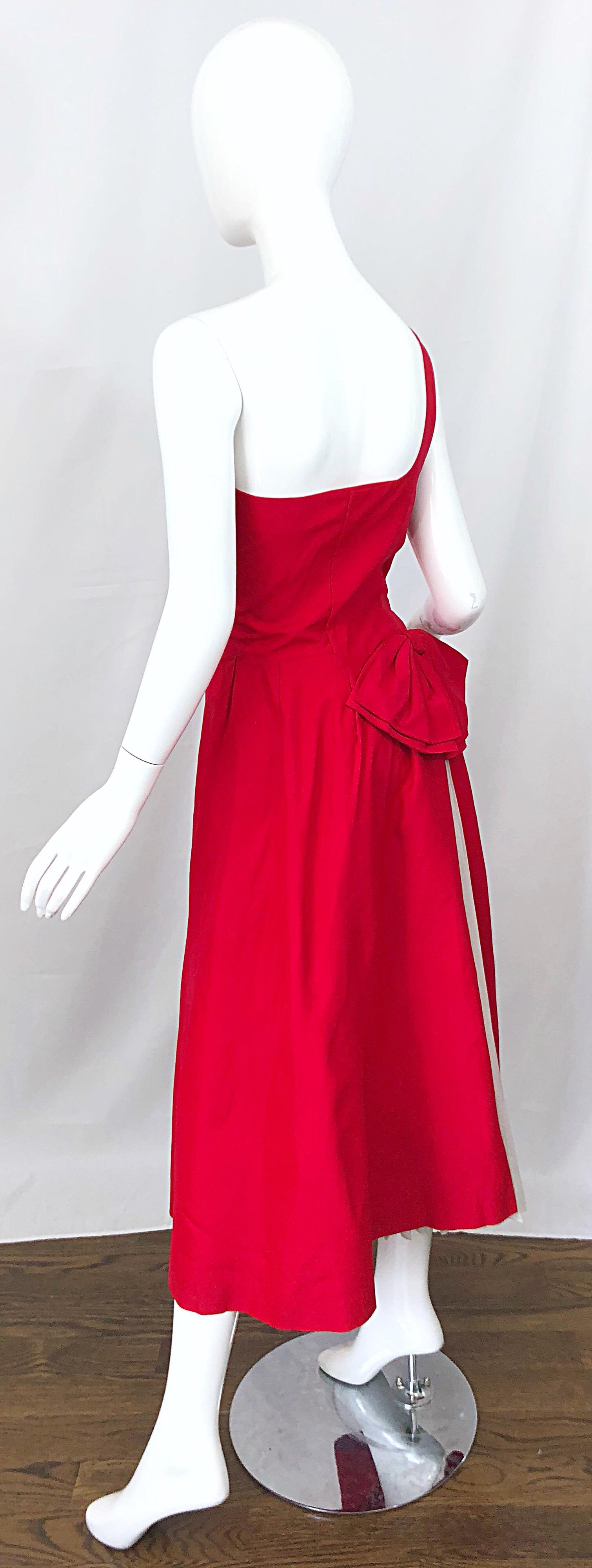 1950s Bess Myerson Lipstick Red + White One Shoulder Vintage 50s Silk Dress For Sale 1