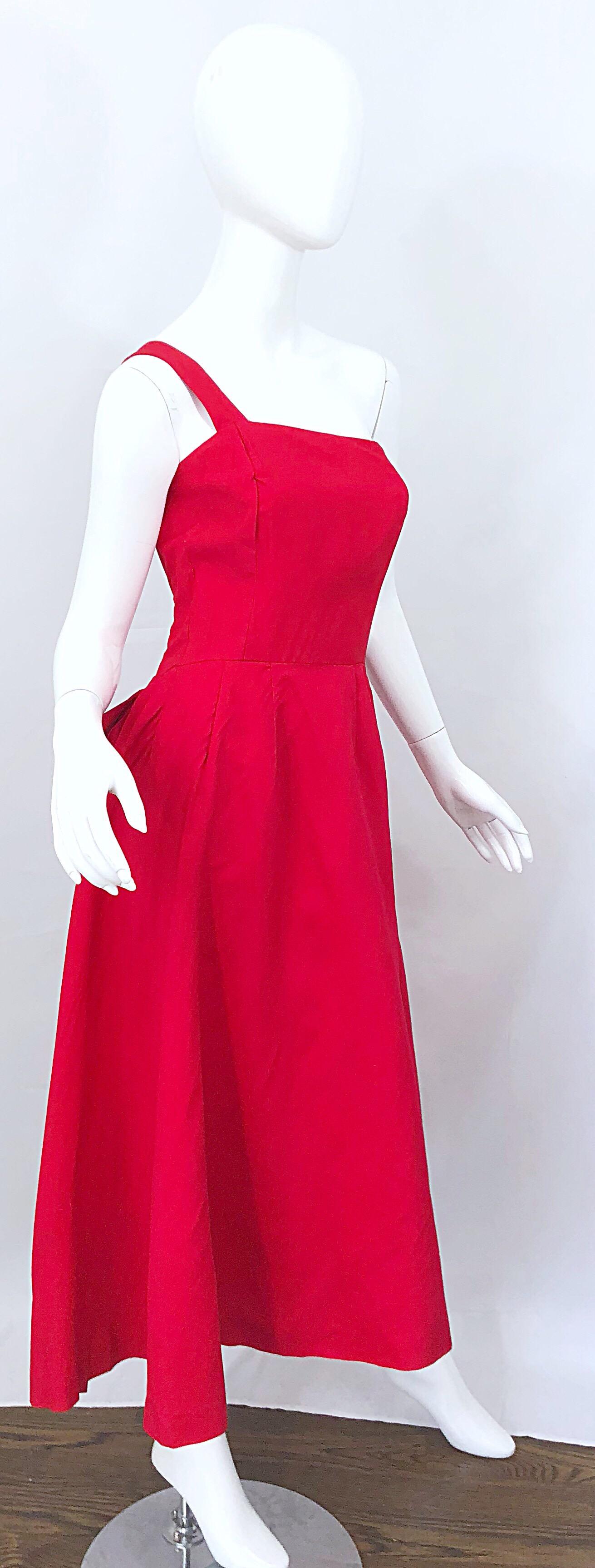 1950s Bess Myerson Lipstick Red + White One Shoulder Vintage 50s Silk Dress For Sale 4