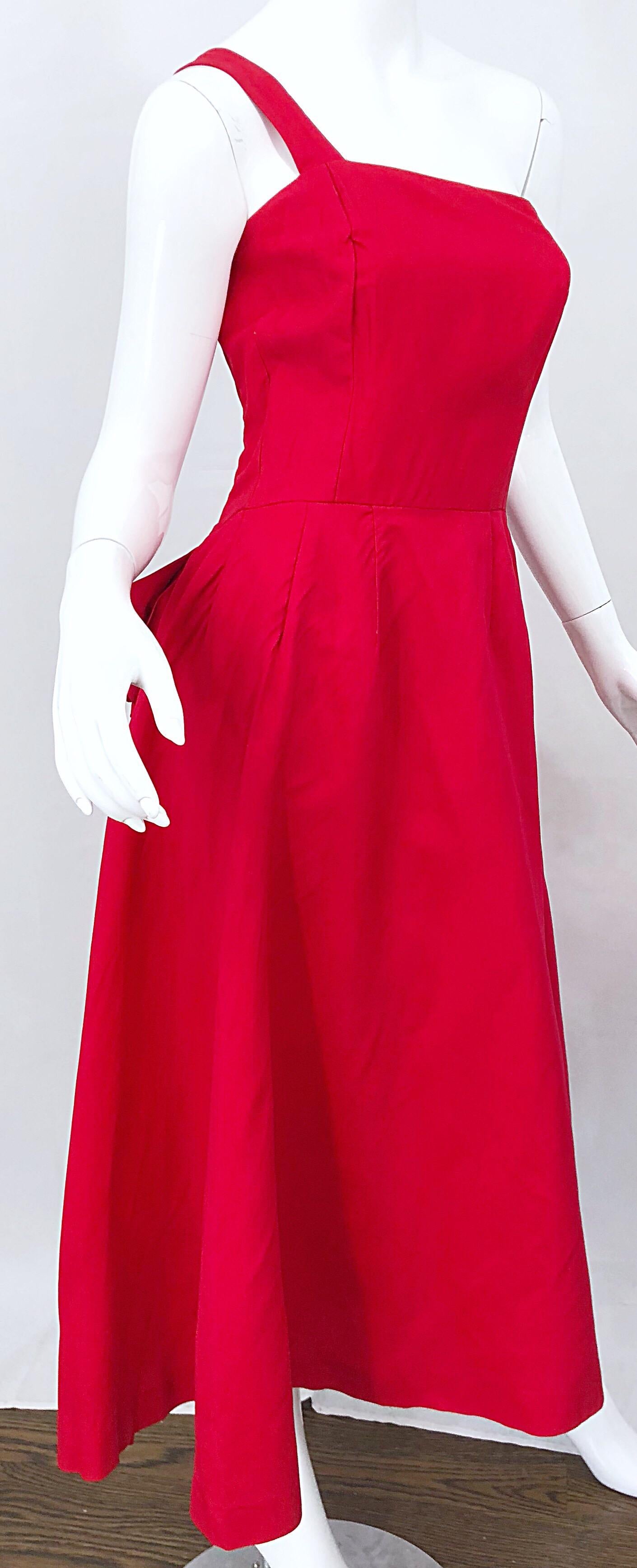 1950s Bess Myerson Lipstick Red + White One Shoulder Vintage 50s Silk Dress For Sale 6