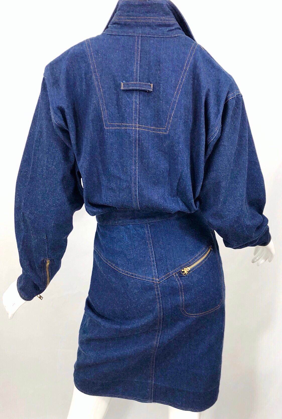 Bleu Avant Garde 1980 Denim Taille 8 Blue Jeans Long Sleeve Vintage 80s Moto Dress