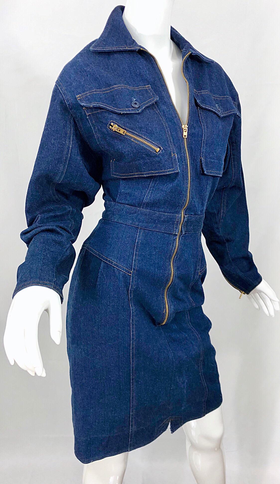  Avant Garde 1980 Denim Taille 8 Blue Jeans Long Sleeve Vintage 80s Moto Dress Pour femmes 