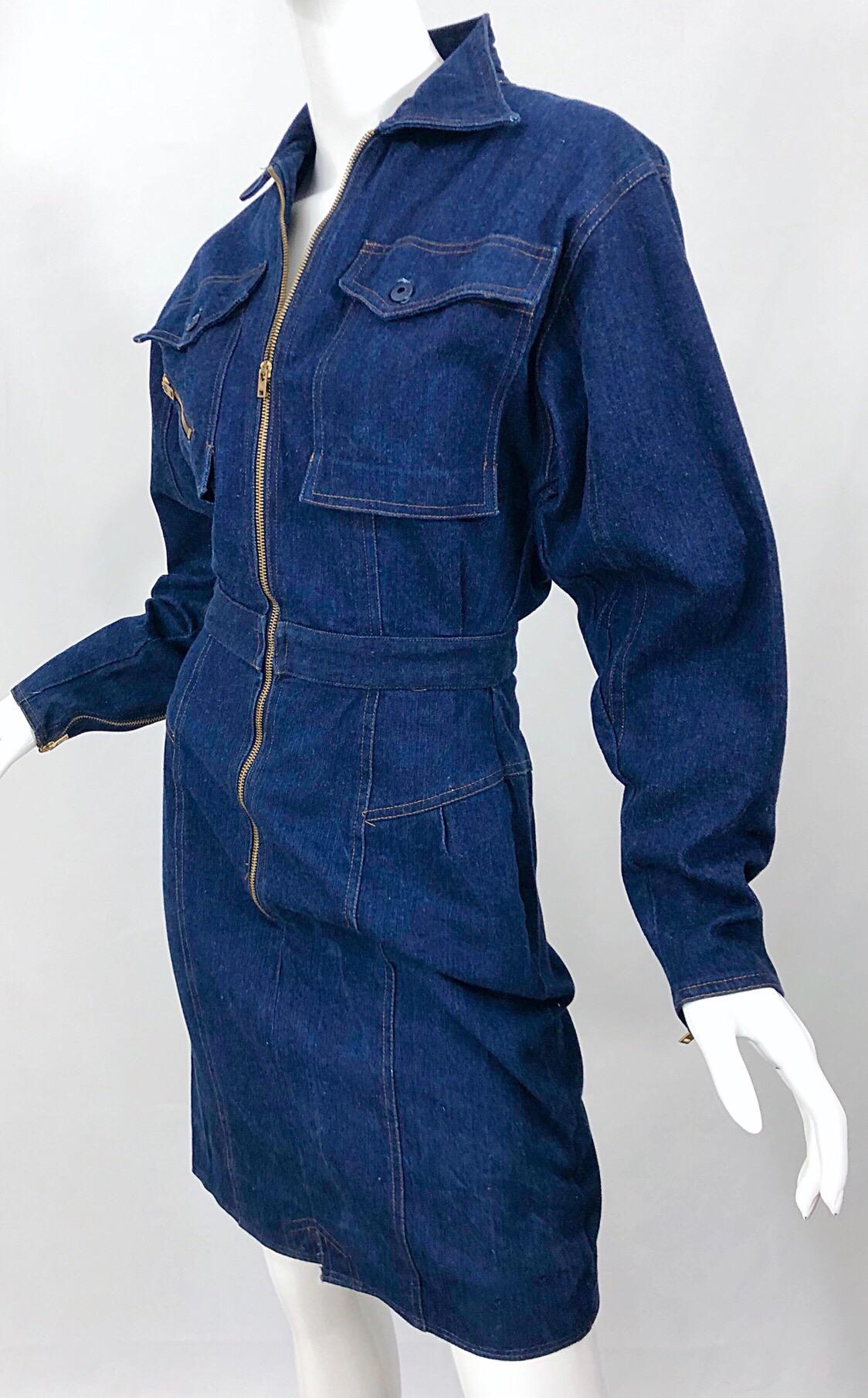 Avant Garde 1980s Denim Size 8 Blue Jeans Long Sleeve Vintage 80s Moto Dress In Excellent Condition In San Diego, CA