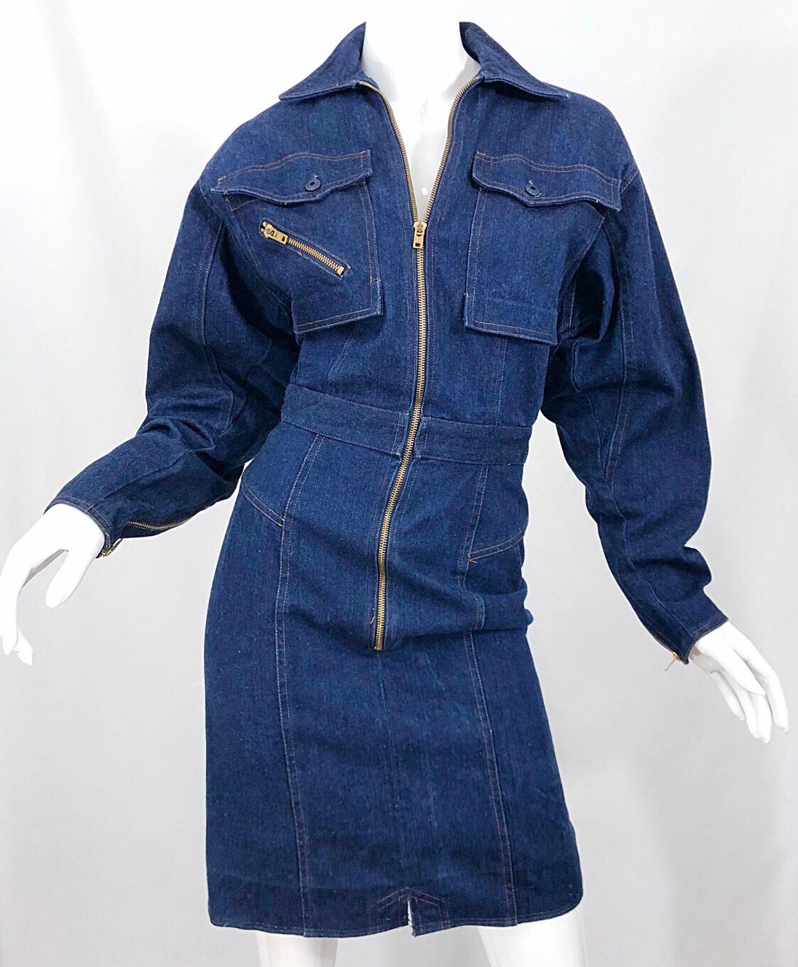 Avant Garde 1980s Denim Size 8 Blue Jeans Long Sleeve Vintage 80s Moto Dress 3