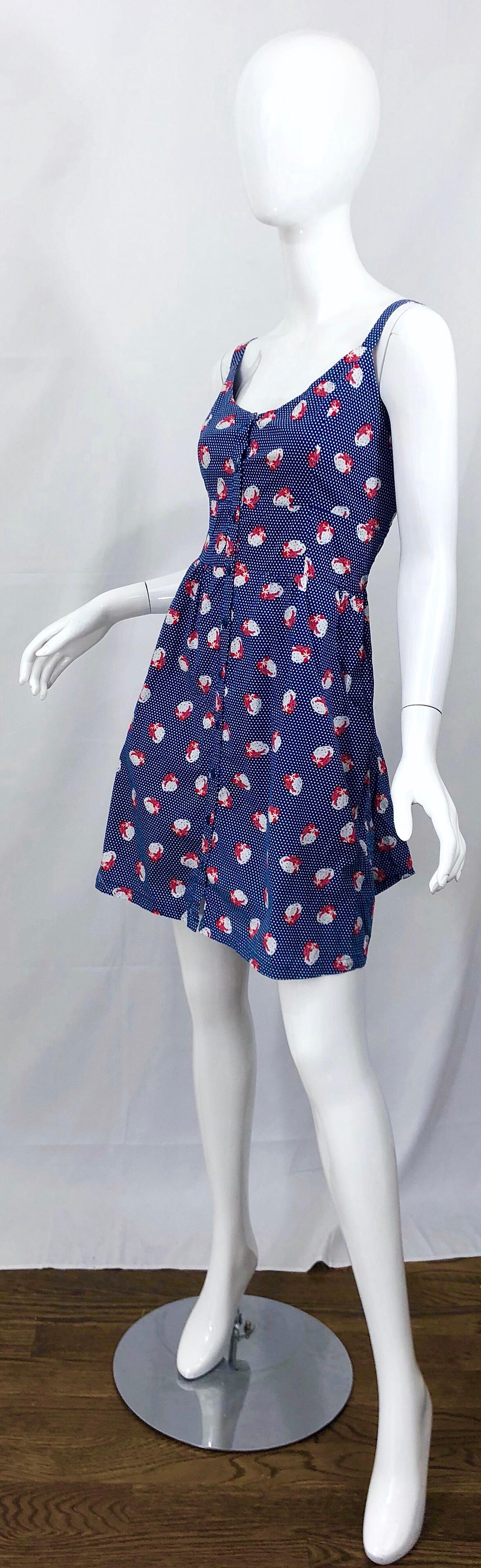 1970s Blue + Red + White Strawberry Novelty Print Polka Dot Vintage 70s Dress For Sale 1