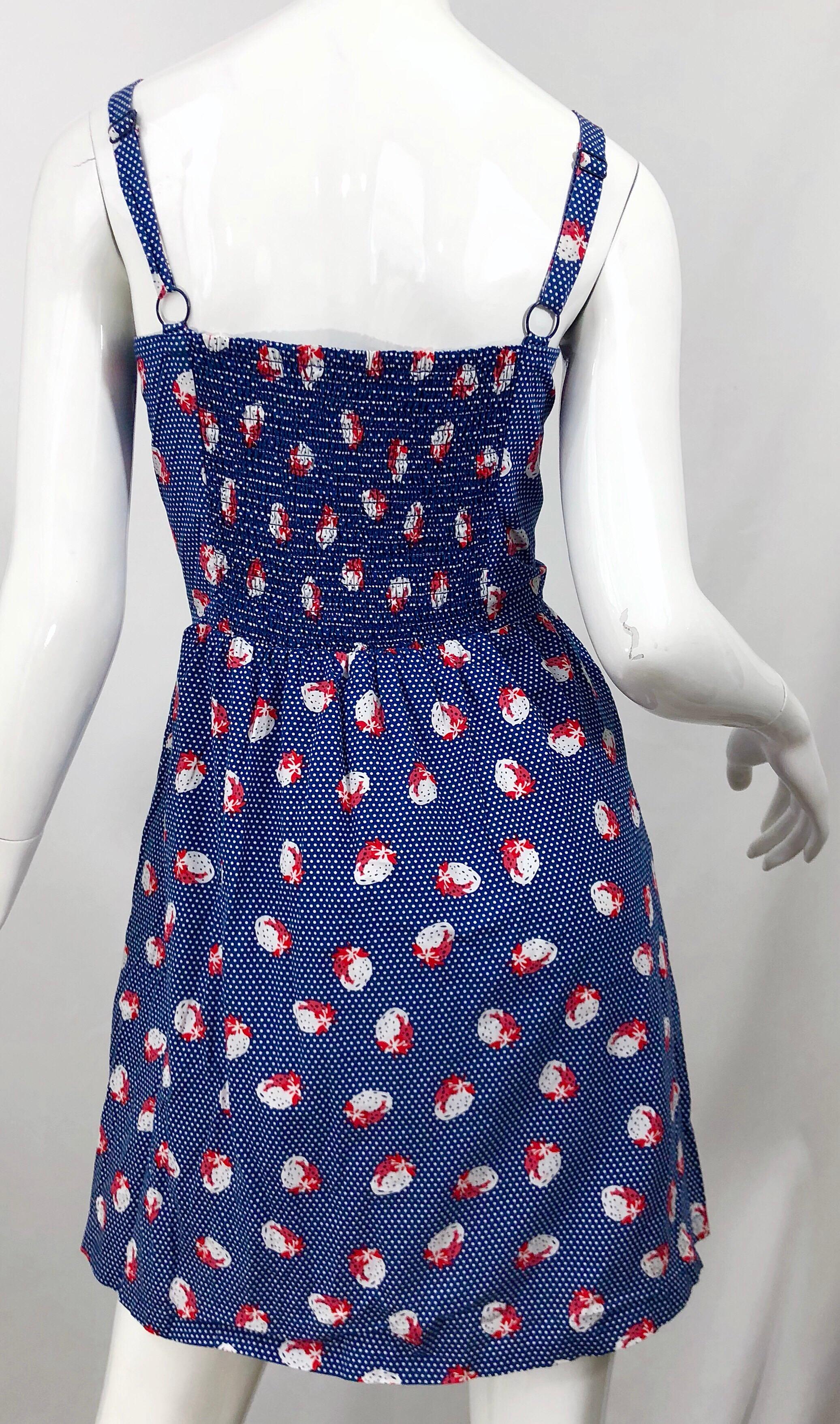 1970s Blue + Red + White Strawberry Novelty Print Polka Dot Vintage 70s Dress For Sale 2