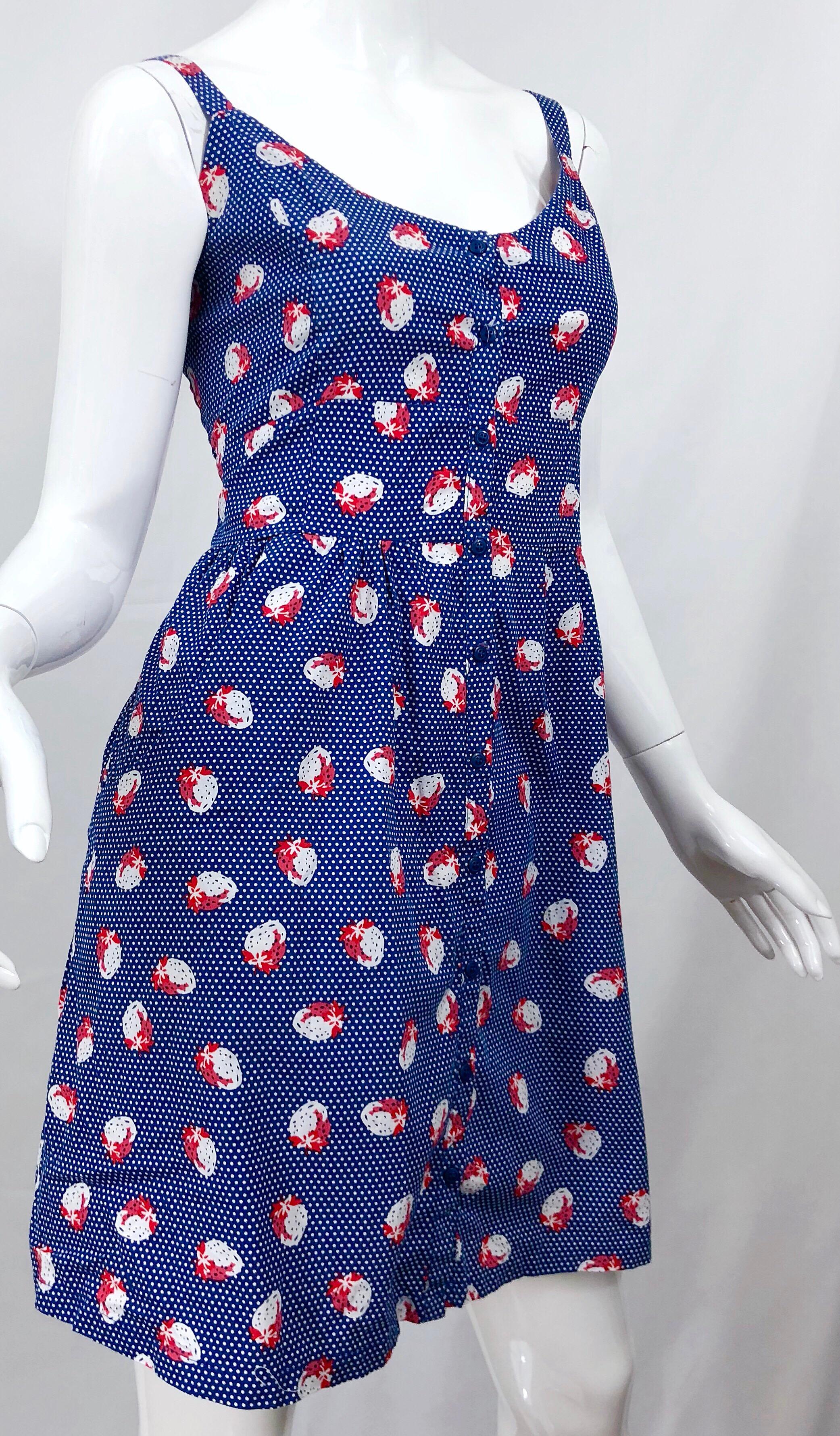 1970s Blue + Red + White Strawberry Novelty Print Polka Dot Vintage 70s Dress For Sale 3