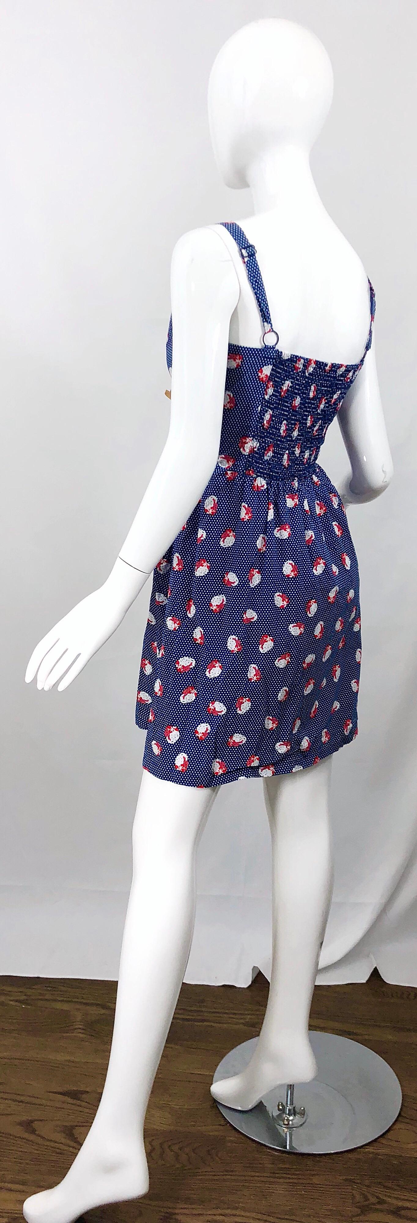 1970s Blue + Red + White Strawberry Novelty Print Polka Dot Vintage 70s Dress For Sale 4