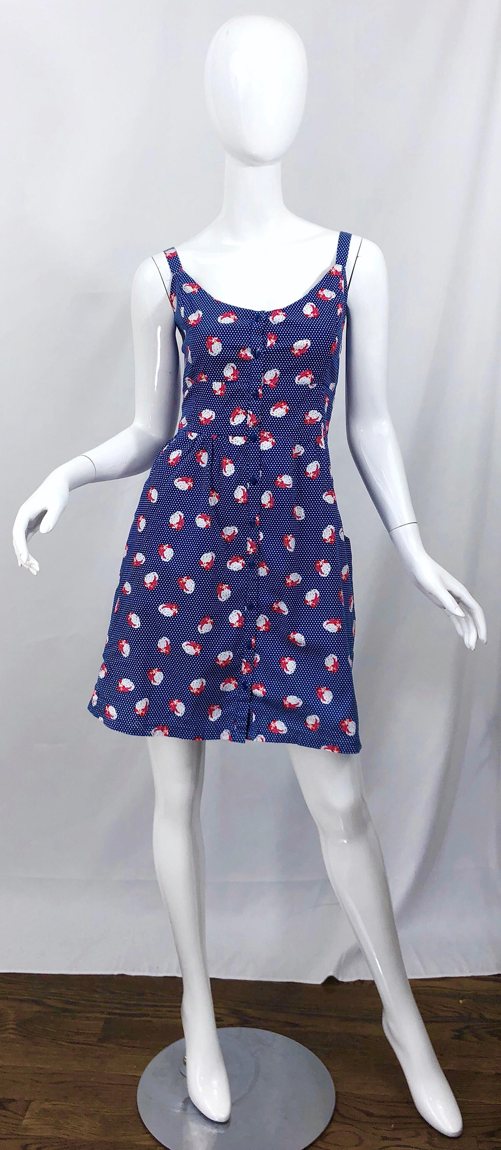 1970s Blue + Red + White Strawberry Novelty Print Polka Dot Vintage 70s Dress For Sale 5