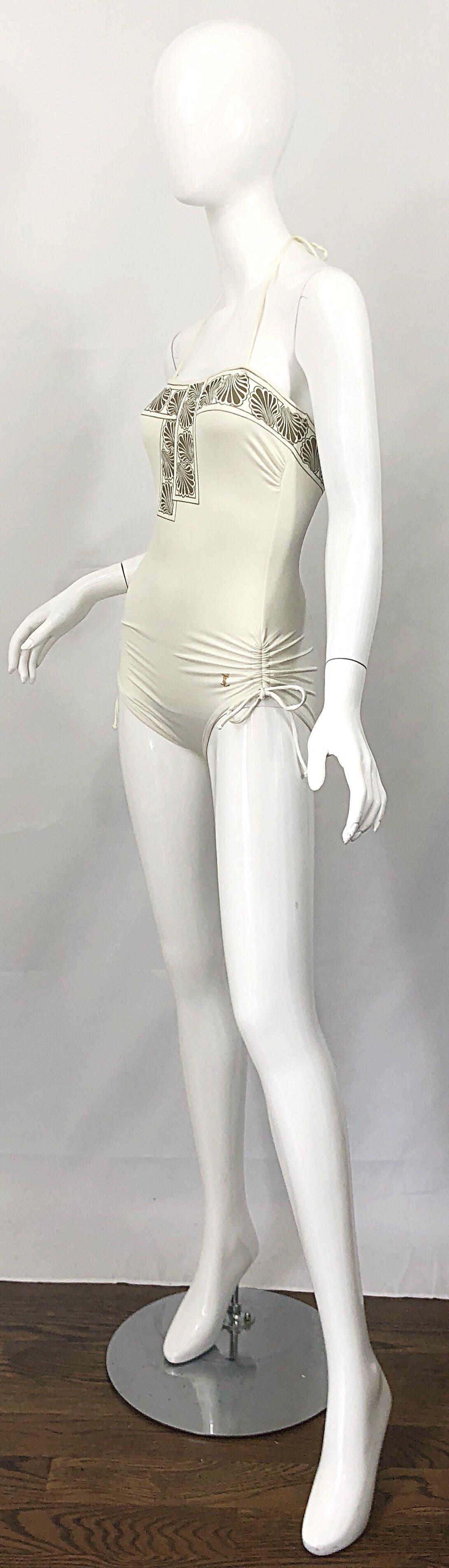 Gray 1980s Yves Saint Laurent Ivory + Gold Vintage 80s One Piece Swimsuit          For Sale
