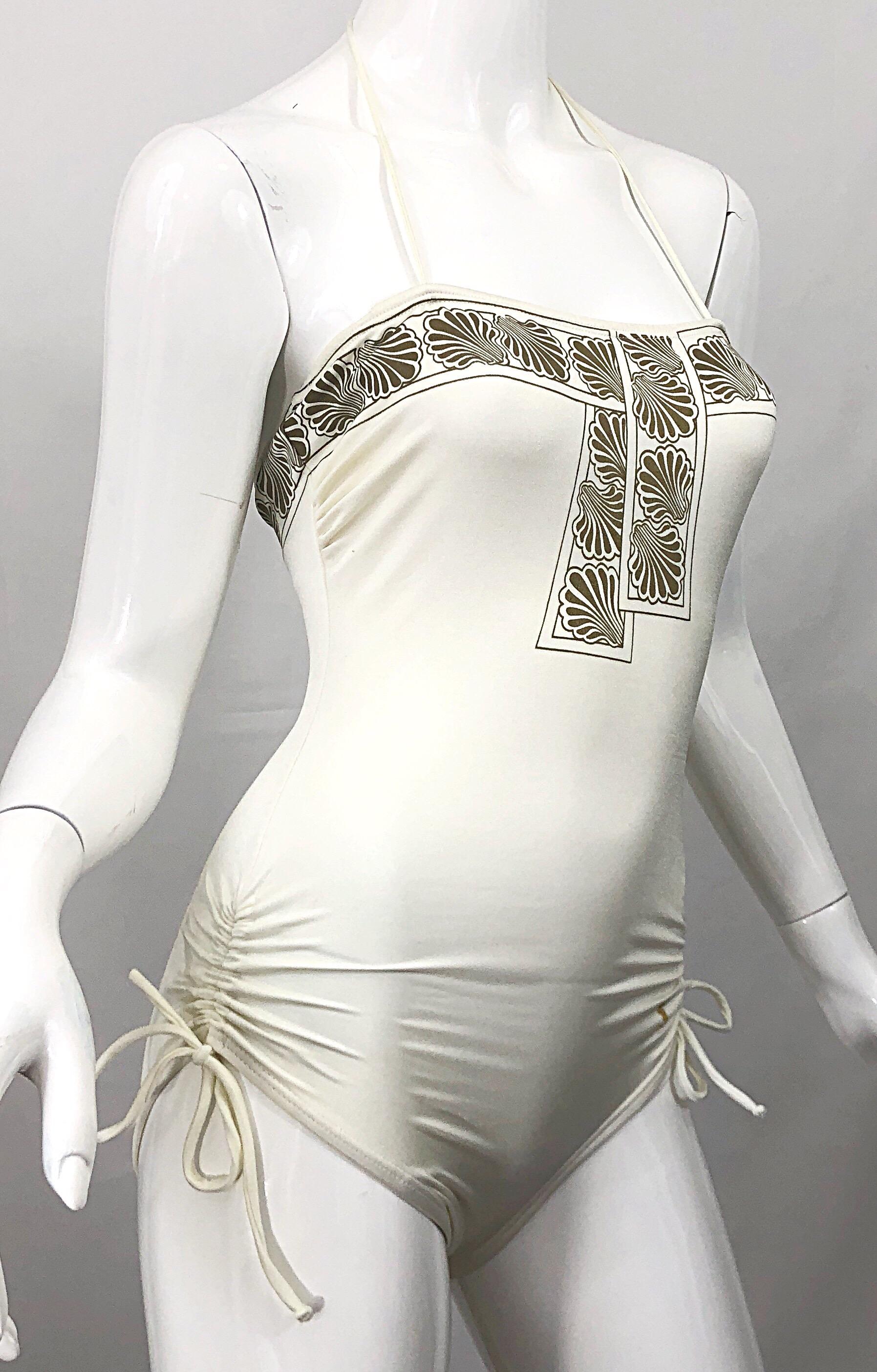 1980s Yves Saint Laurent Ivory + Gold Vintage 80s One Piece Swimsuit In Excellent Condition For Sale In San Diego, CA