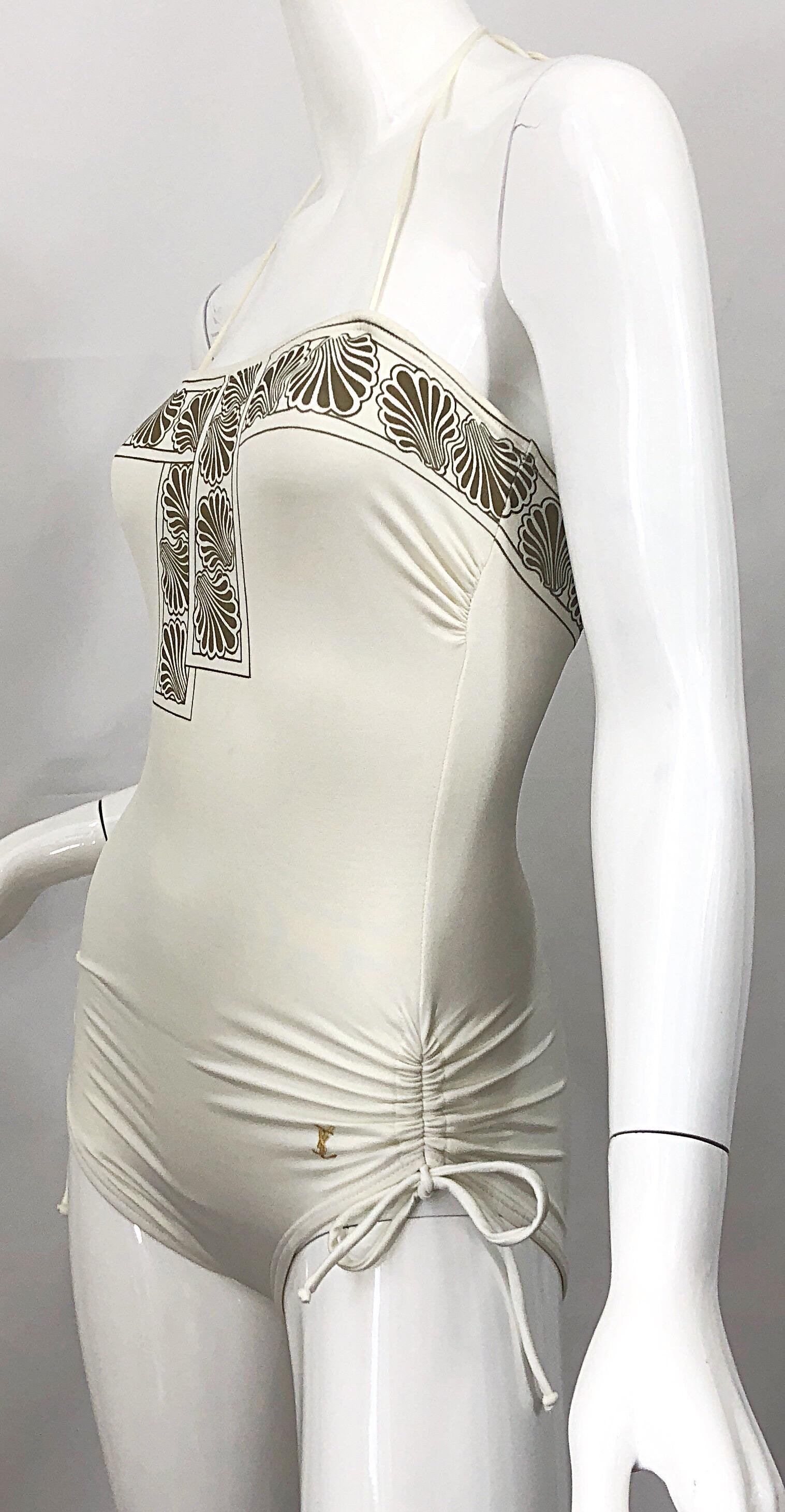 1980s Yves Saint Laurent Ivory + Gold Vintage 80s One Piece Swimsuit          For Sale 1