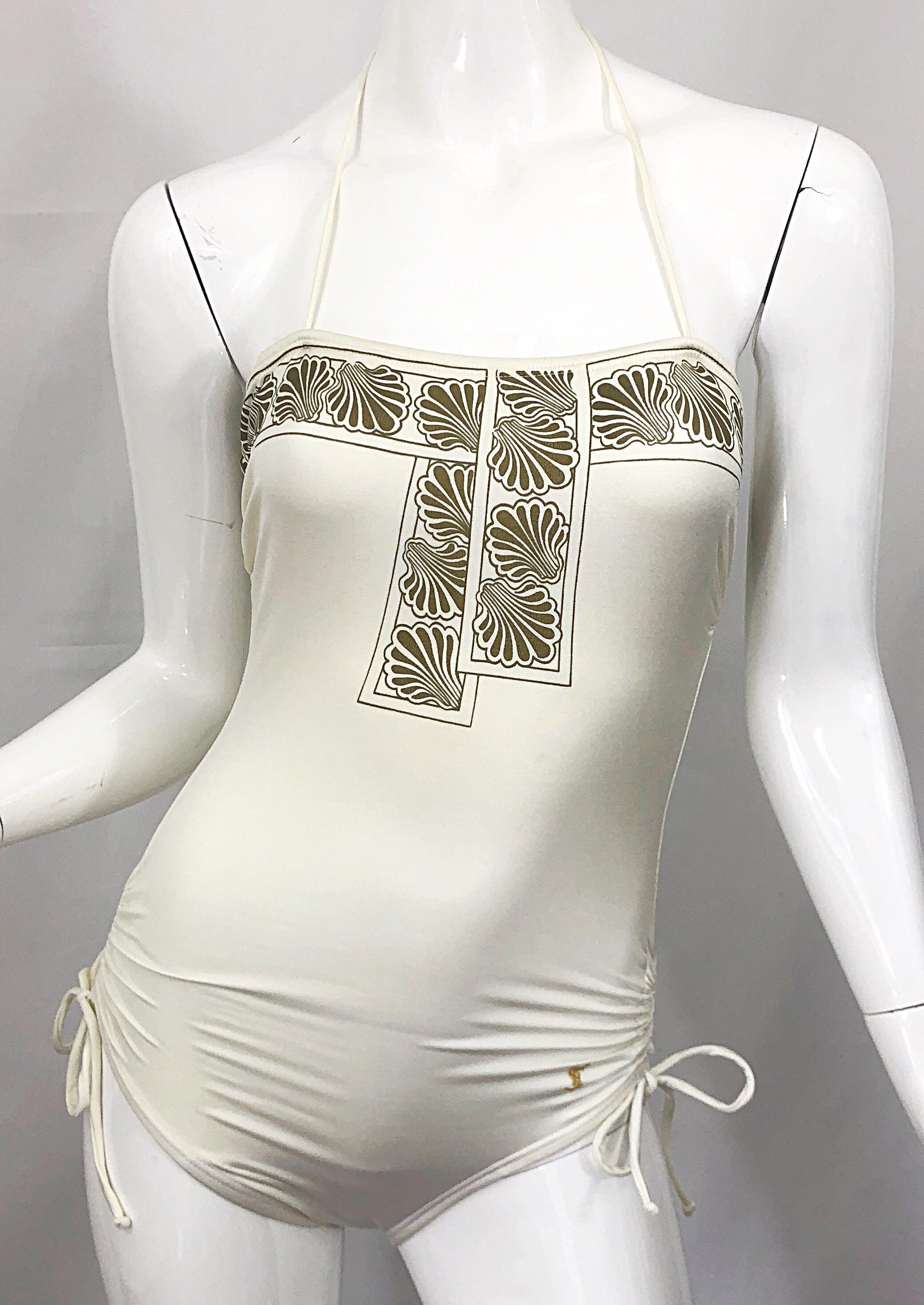 1980s Yves Saint Laurent Ivory + Gold Vintage 80s One Piece Swimsuit          For Sale 2