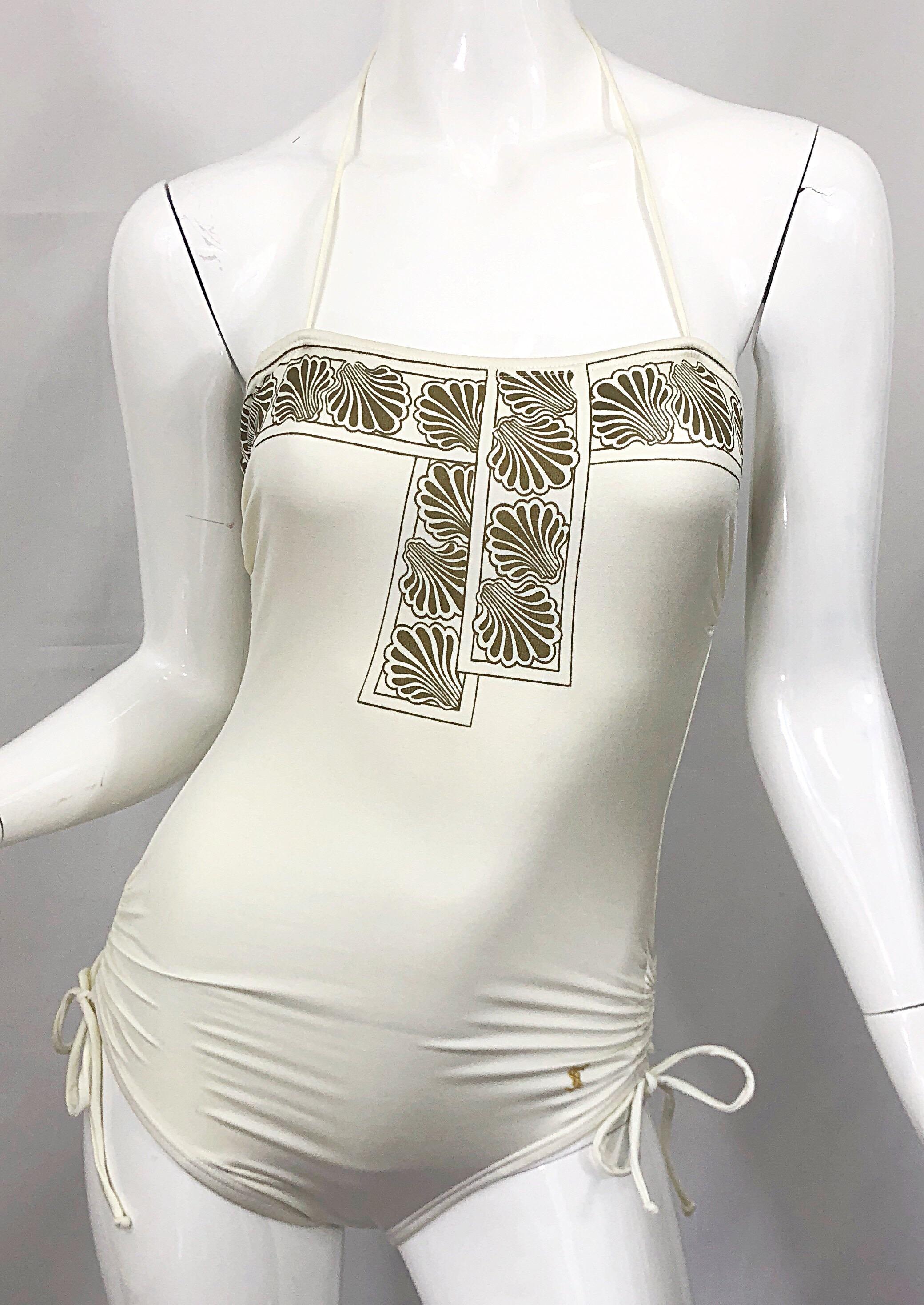 1980s Yves Saint Laurent Ivory + Gold Vintage 80s One Piece Swimsuit For Sale 2