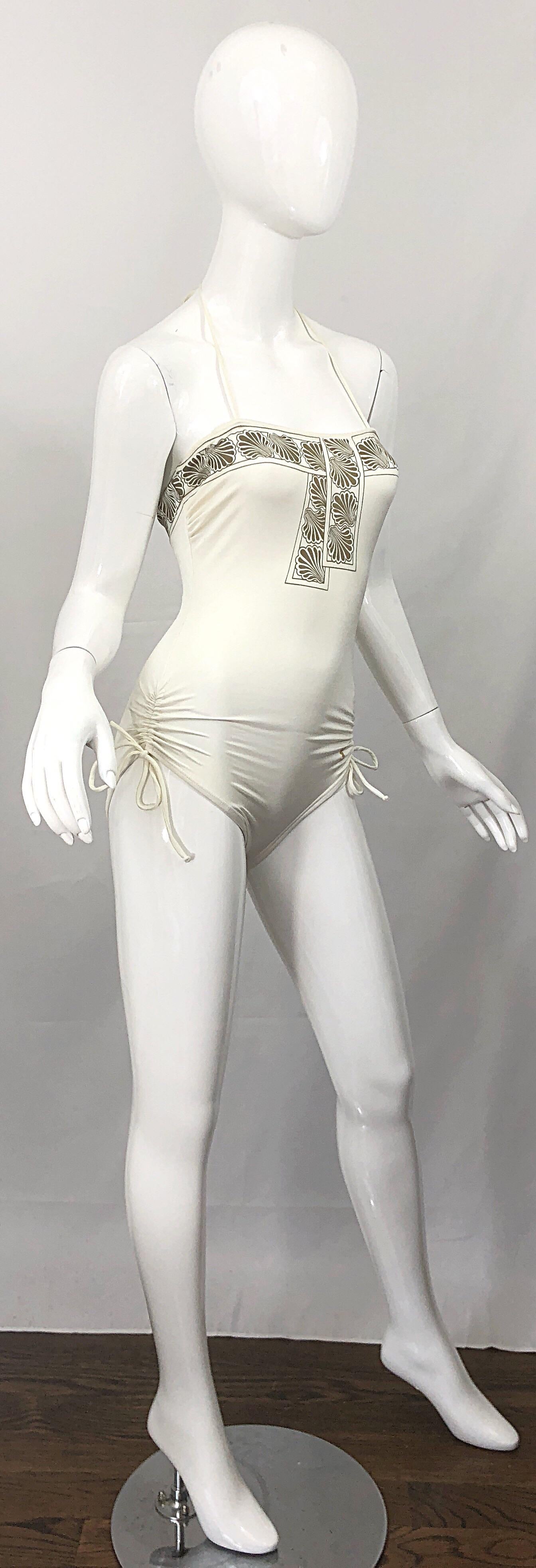 1980s Yves Saint Laurent Ivory + Gold Vintage 80s One Piece Swimsuit          For Sale 4